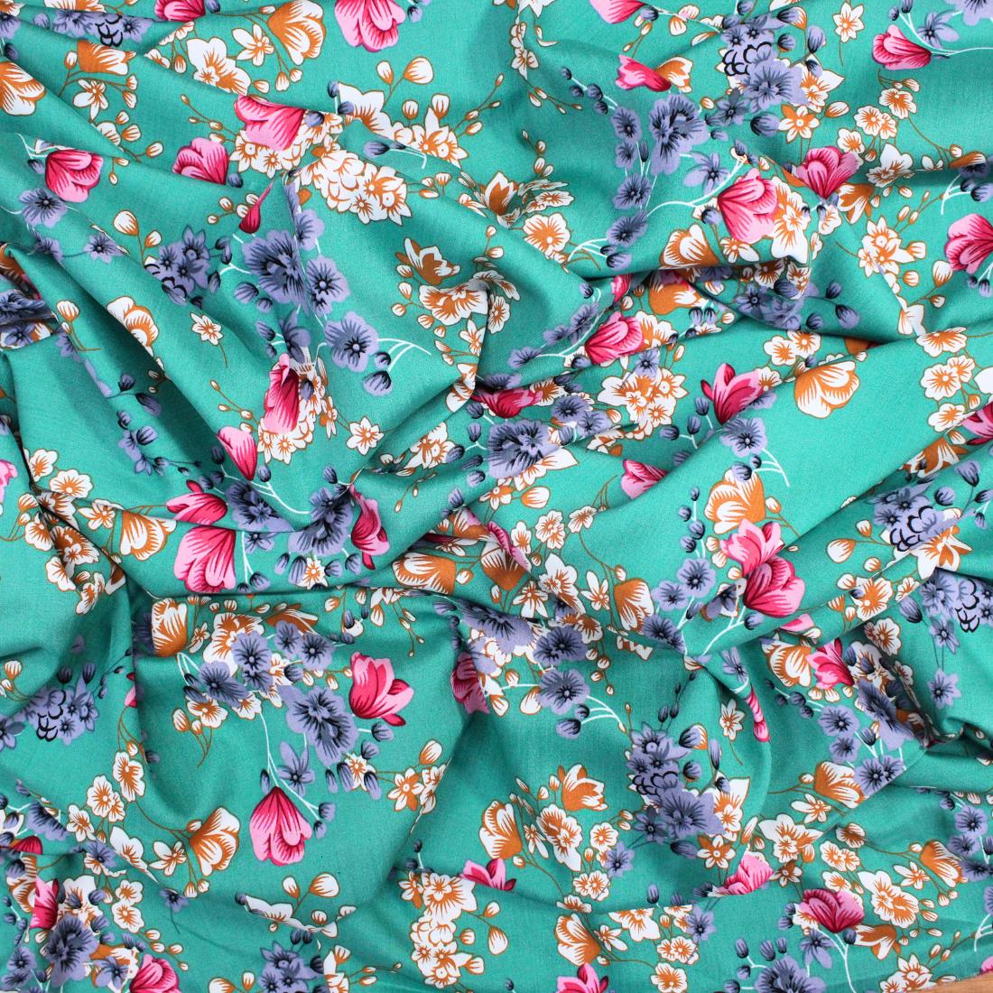 Dark Aqua Crepe 2 Yards of Printed Dressmaking Viscose