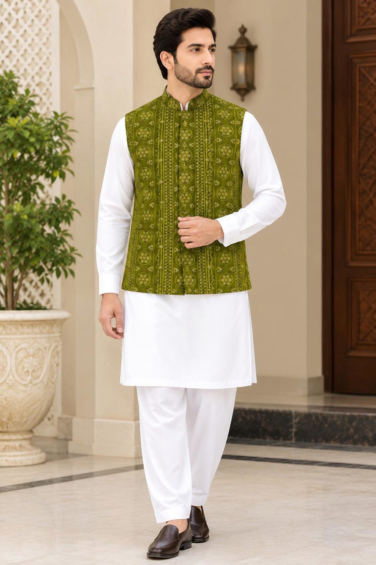 Mehndi Green Sequinned Mens Waistcoat