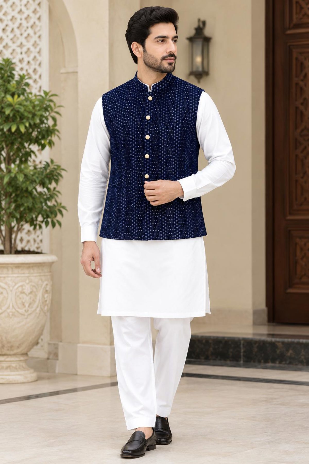 Navy Sequinned Mens Waistcoat