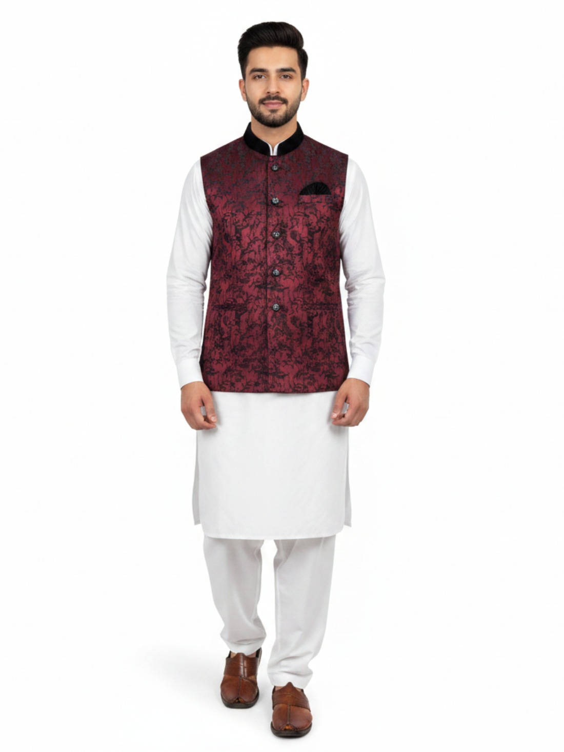Maroon & Black Printed Mens Waistcoat