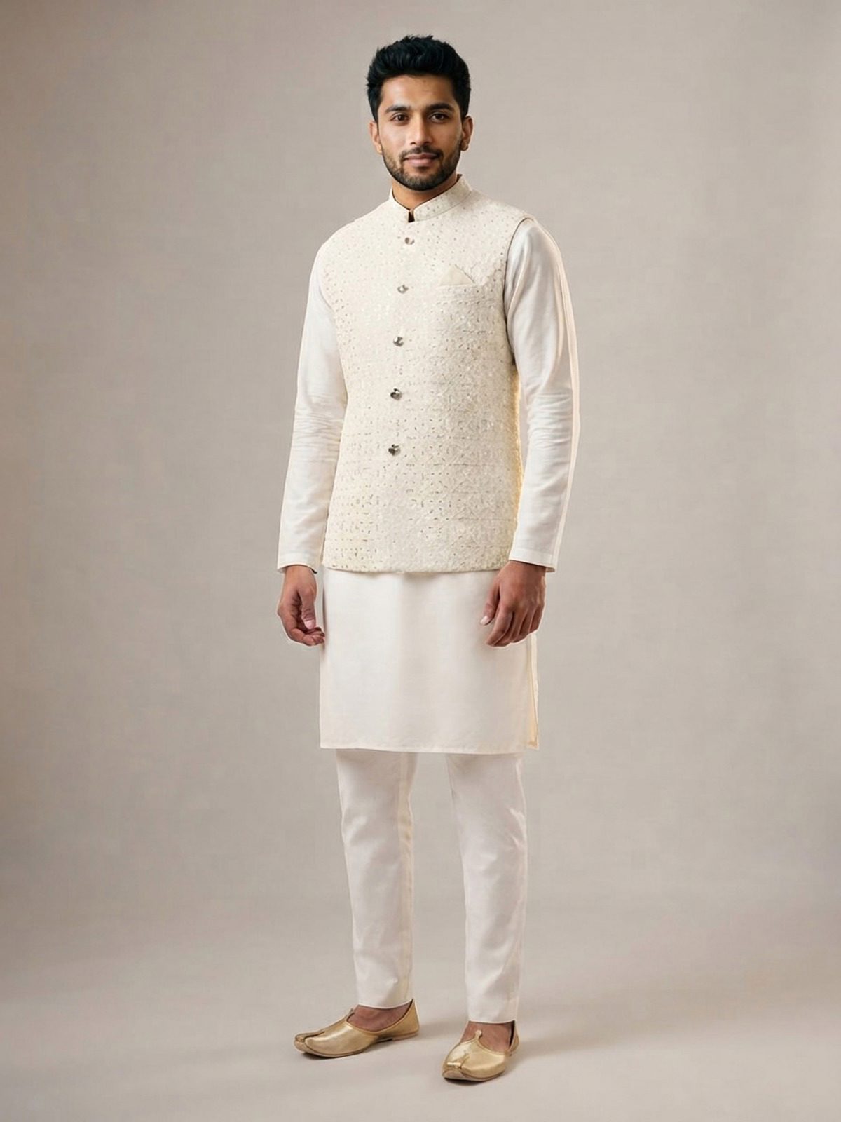 Light Cream Sequinned Mens Waistcoat