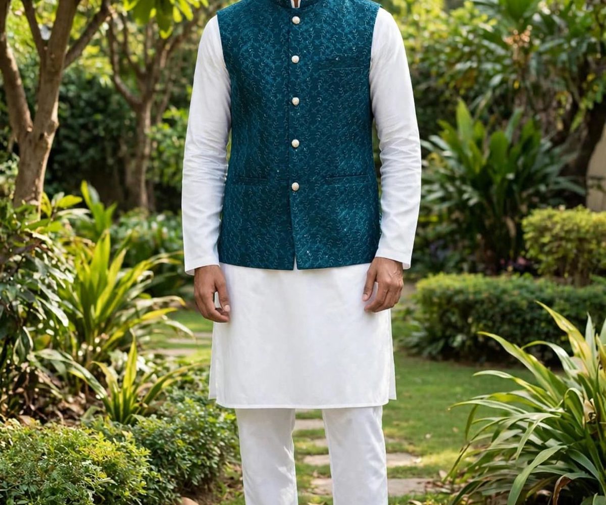 Teal Sequinned Mens Waistcoat