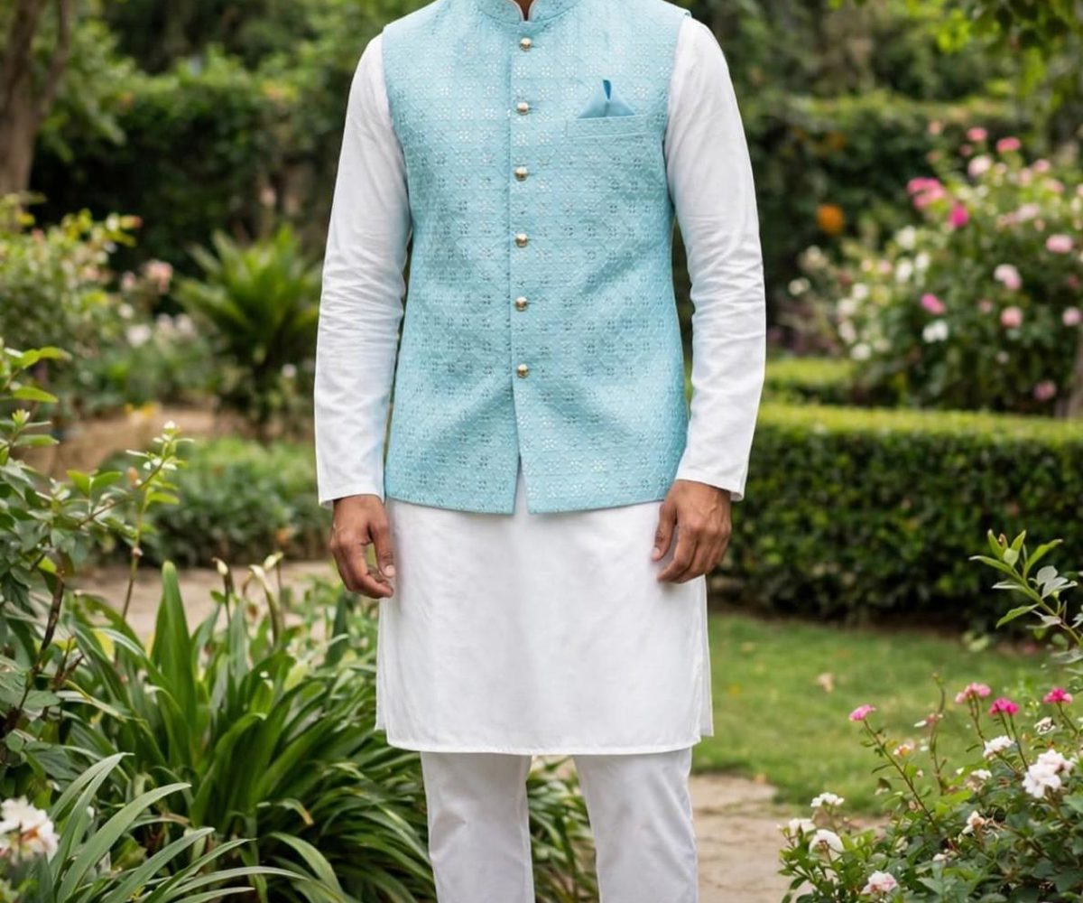 Turquoise Sequinned Mens Waistcoat