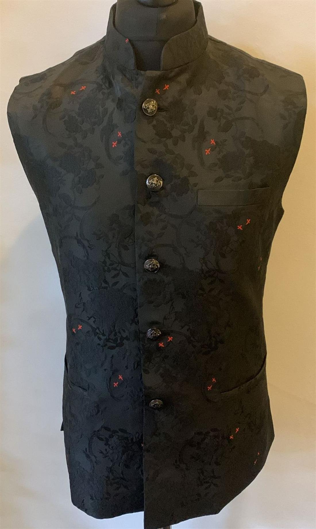 Black Brocade Waistcoat with Red Thead Work
