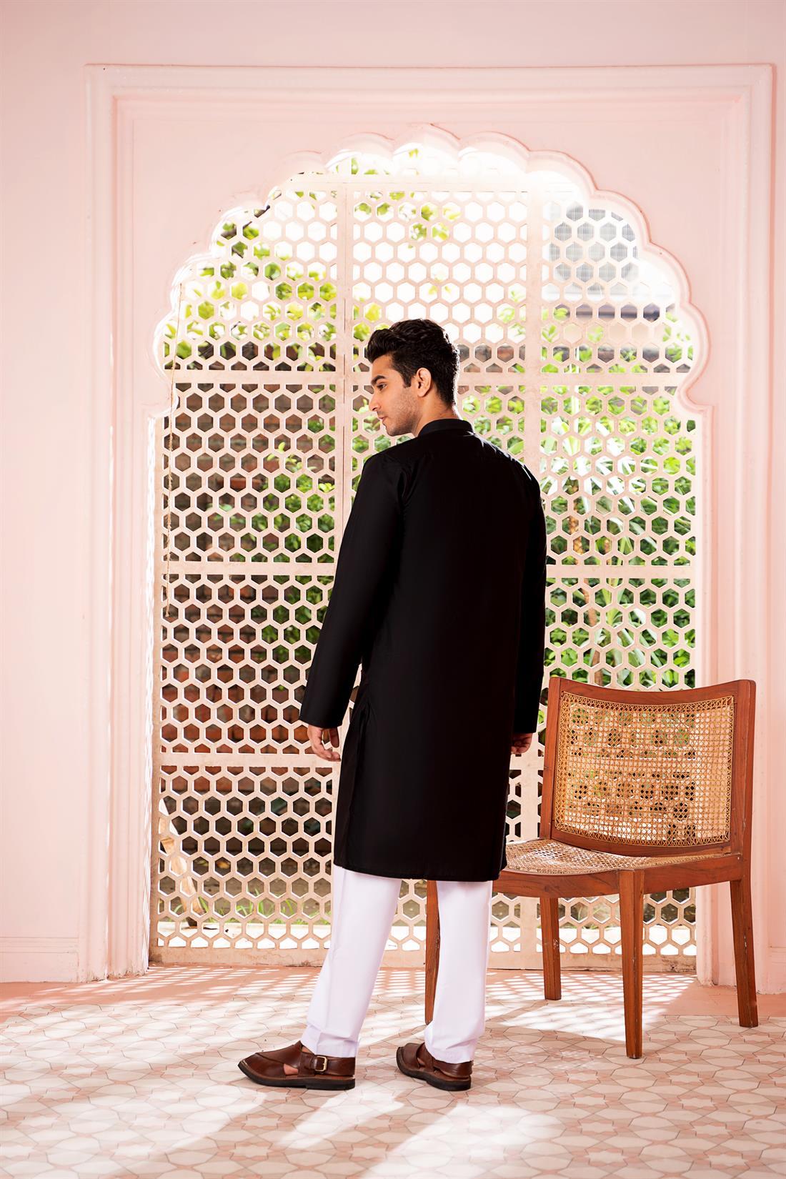 Black Cotton Mens Kurta Pyjama