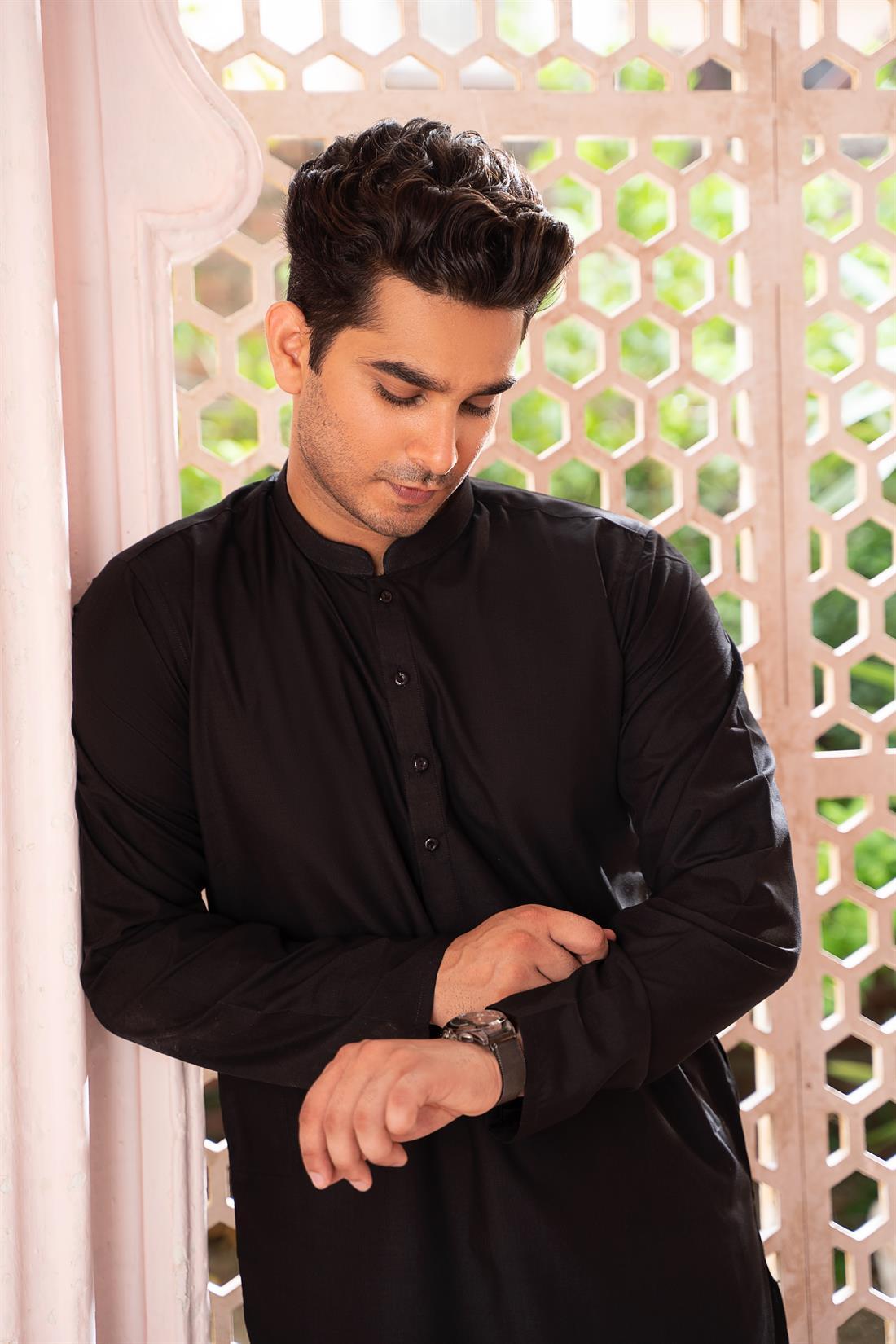 Black Cotton Mens Kurta Pyjama