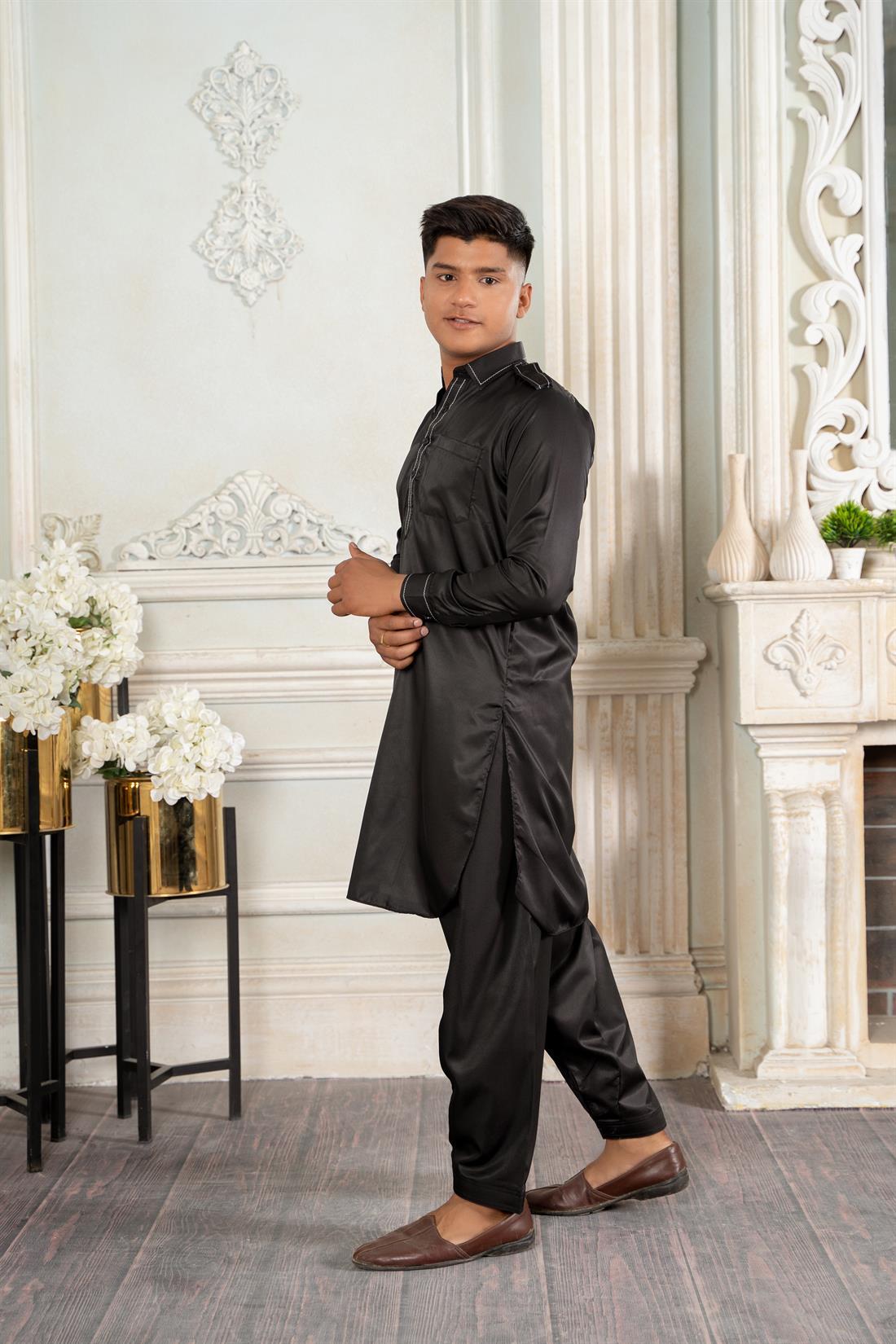 Black Cotton Boys Shalwar Kameez