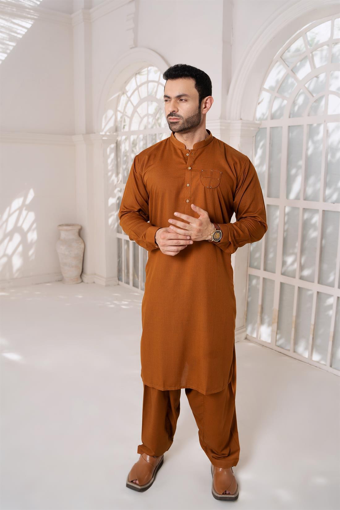 Brown Embroidered Cotton Men’s Kurta Shalwar