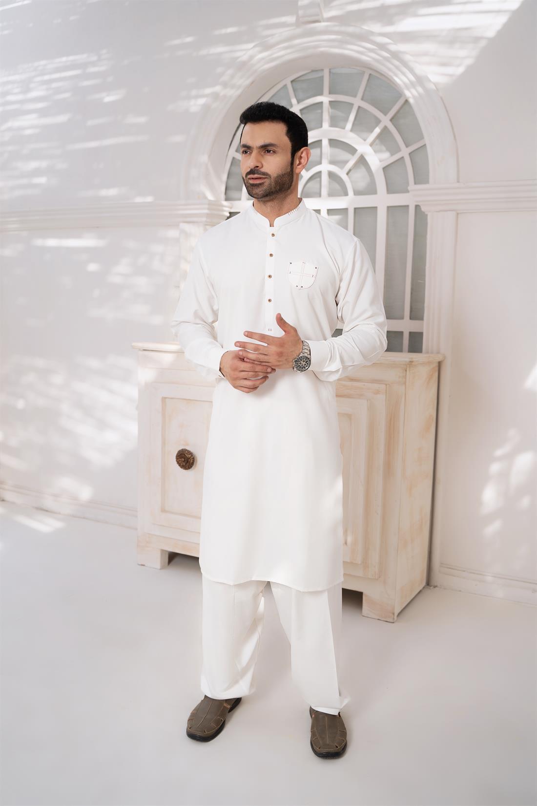 Cream Embroidered Cotton Men’s Kurta Shalwar
