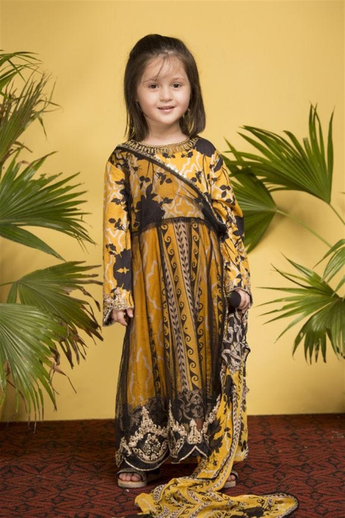Yellow Digital Print Chiffon Girls 3 Piece Suit