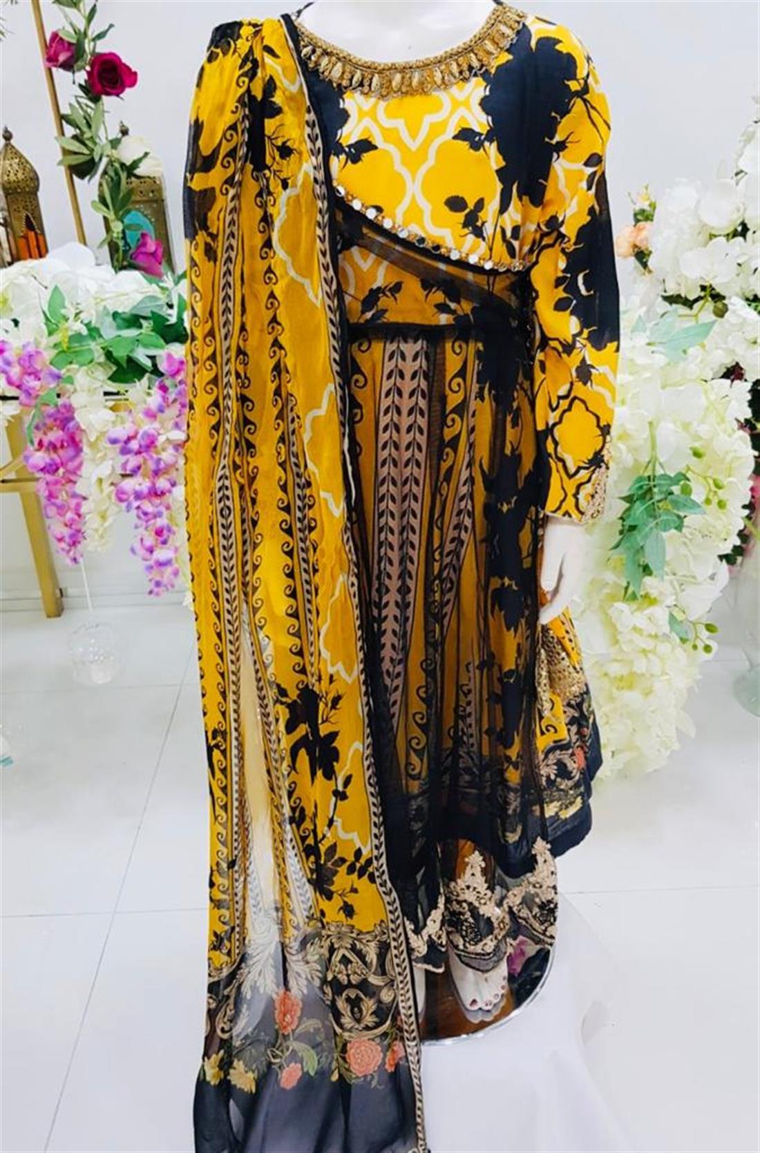 Yellow Digital Print Chiffon Girls 3 Piece Suit