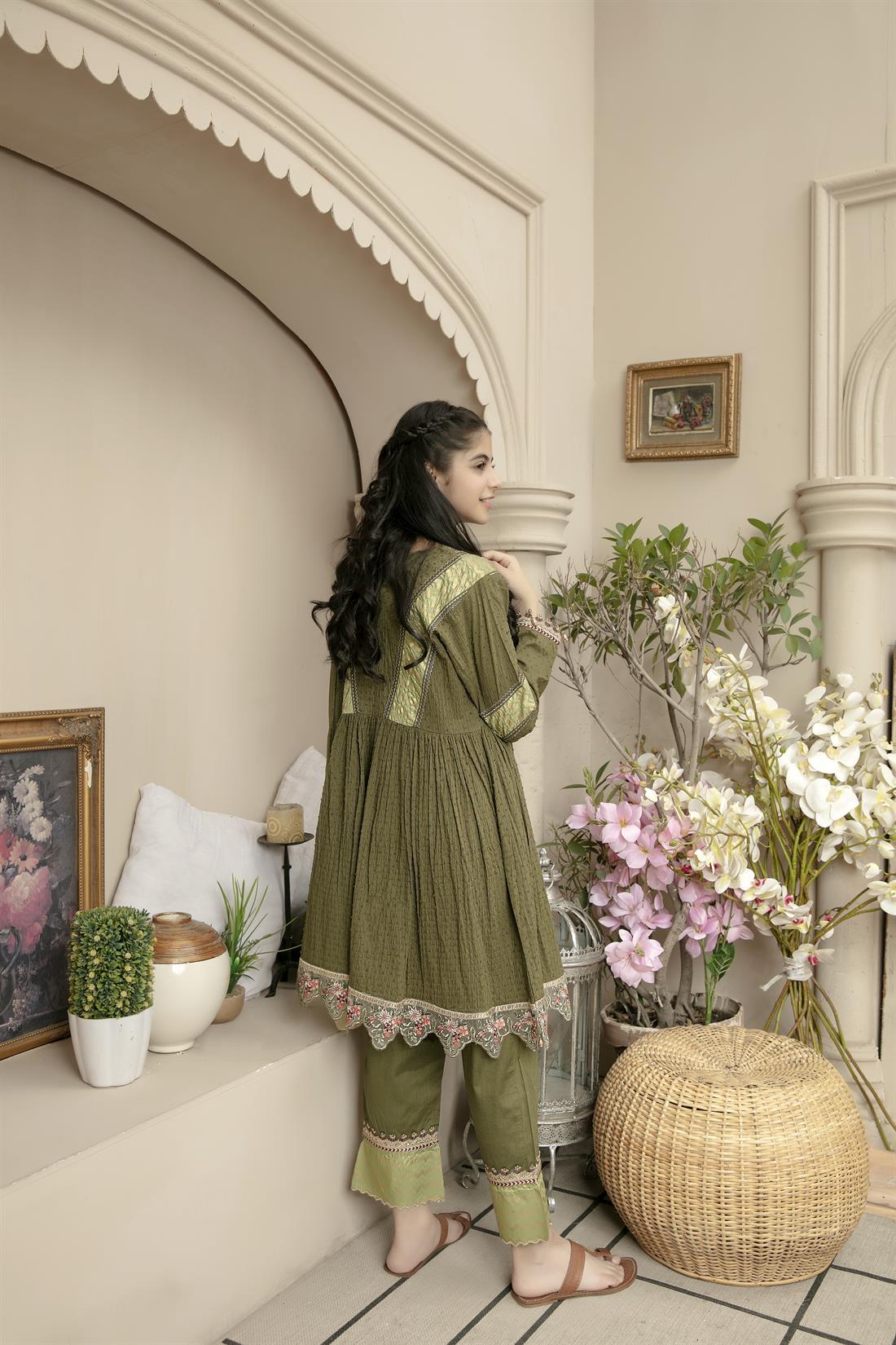 Olive Embroidered Chiffon Girls Frock Style Suit