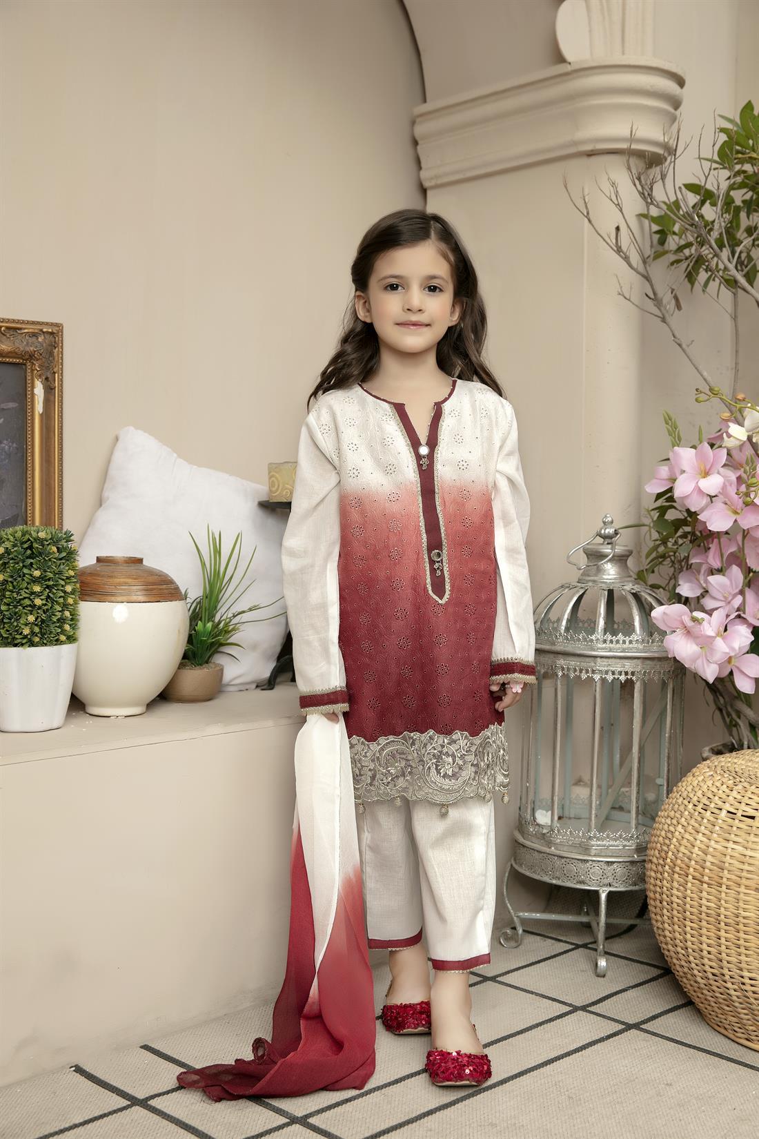 White & Maroon Embroidered Lawn Girls 3 Piece Suit