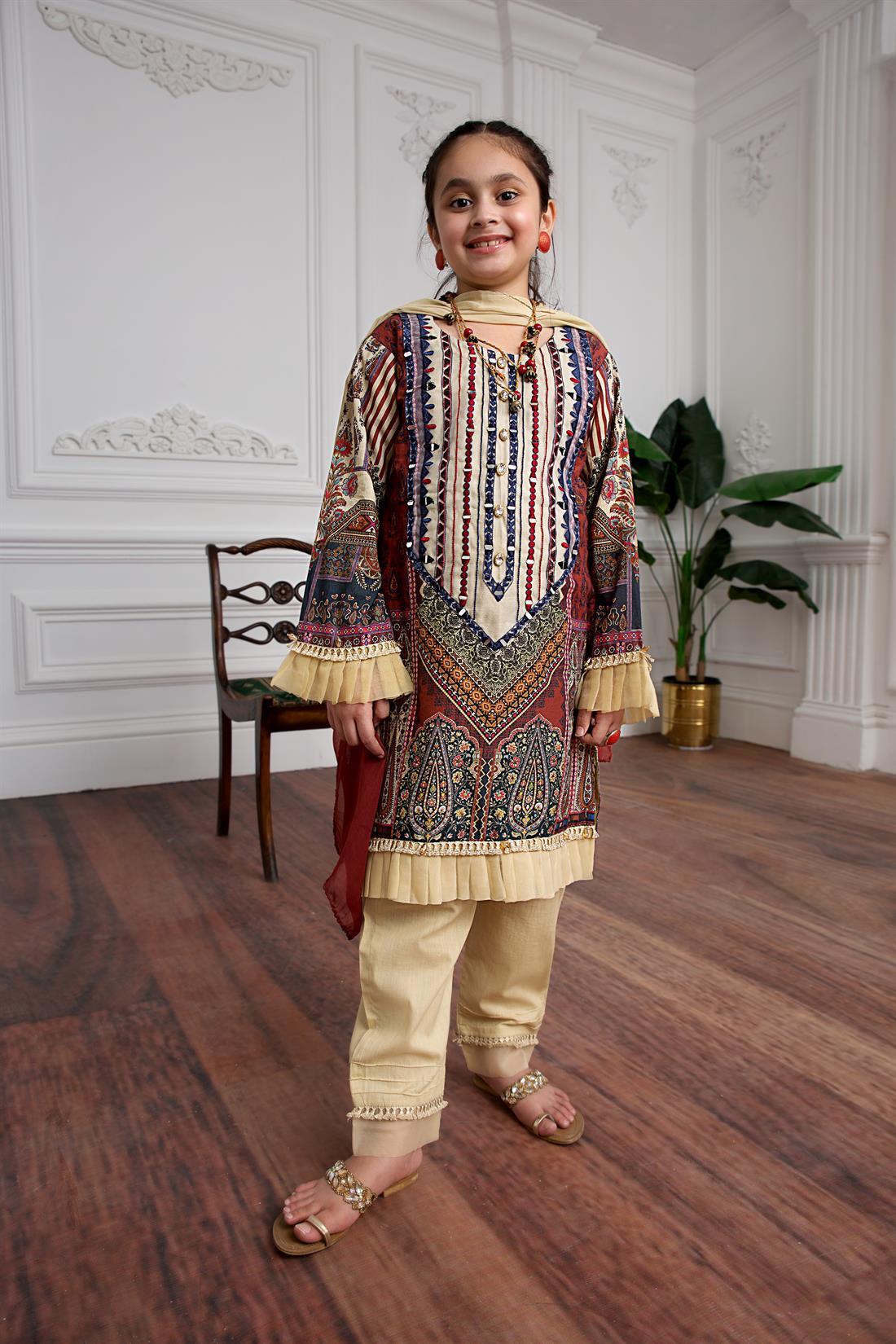 Brown & Blue Girls 3 Piece Suit