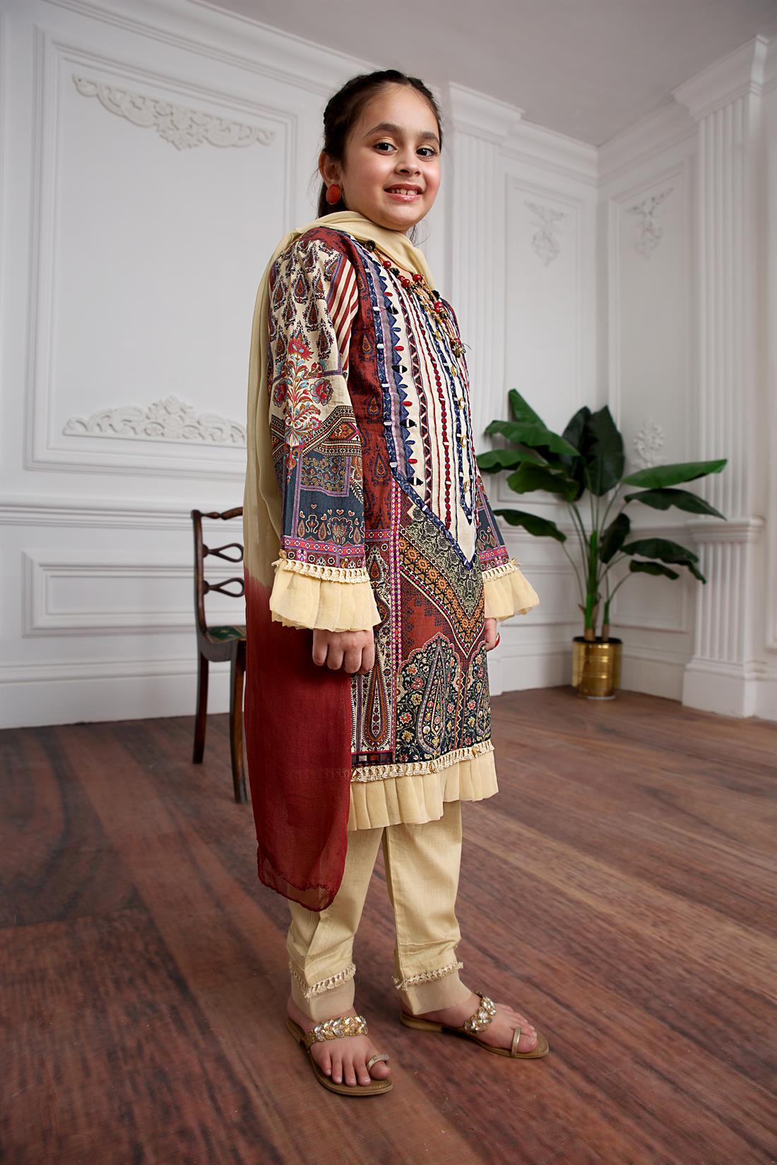 Brown & Blue Girls 3 Piece Suit