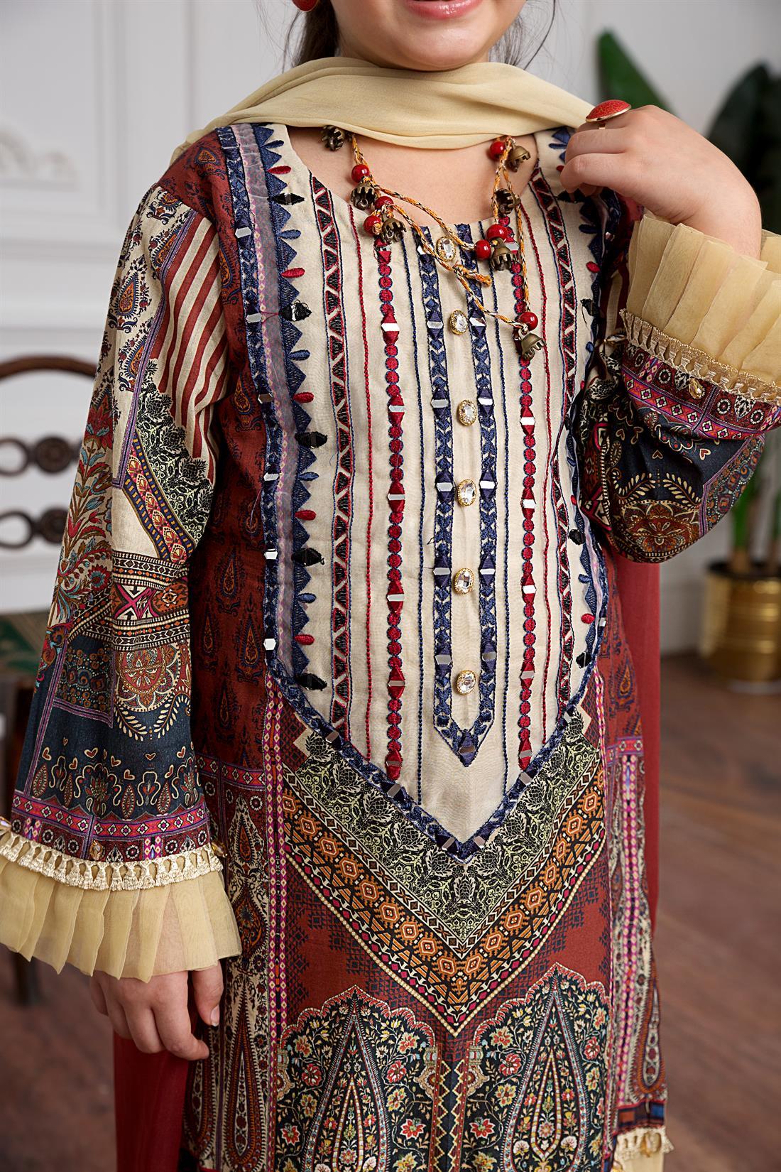 Brown & Blue Girls 3 Piece Suit