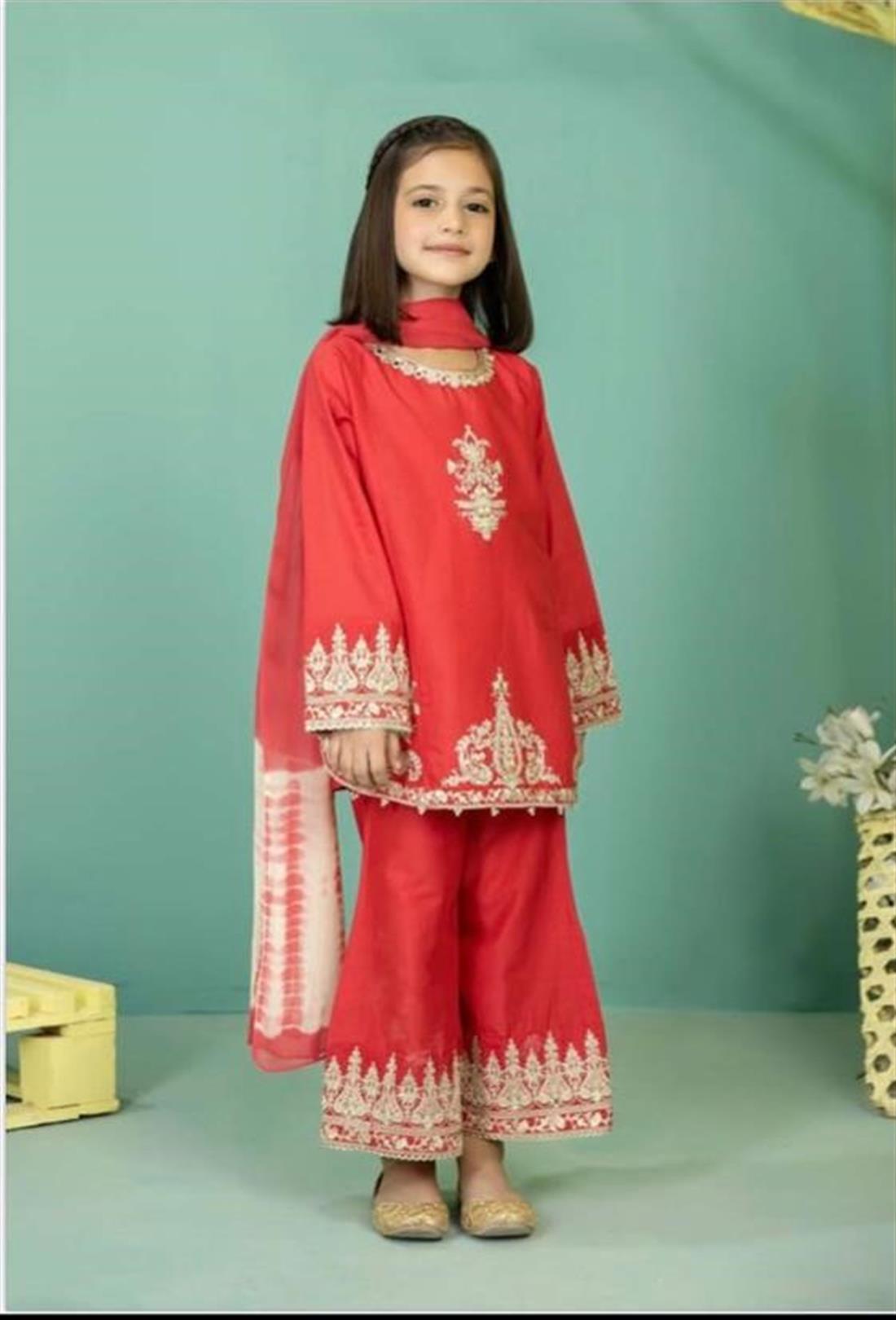 Cherry Red Embroidered Cotton Girls 3 Piece Suit