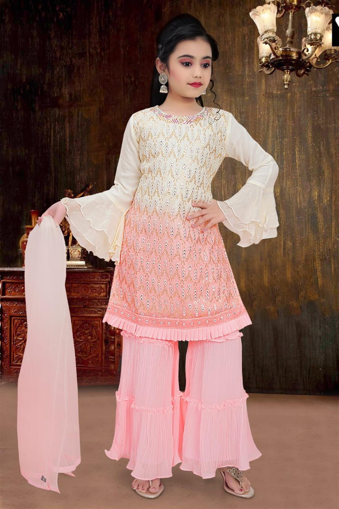 Cream & Pink Embroidered Chiffon Girls 3 Piece Suit