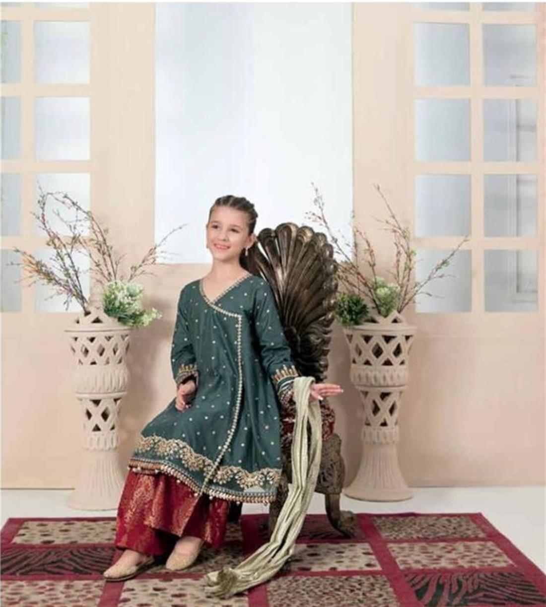 Green Cotton Girls 3 Piece Suit