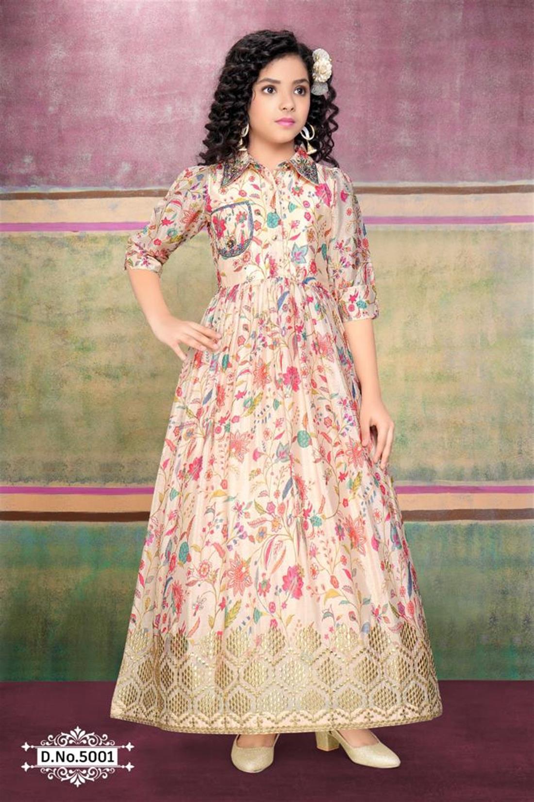 Peach Girls Digital Printed Silk Suit