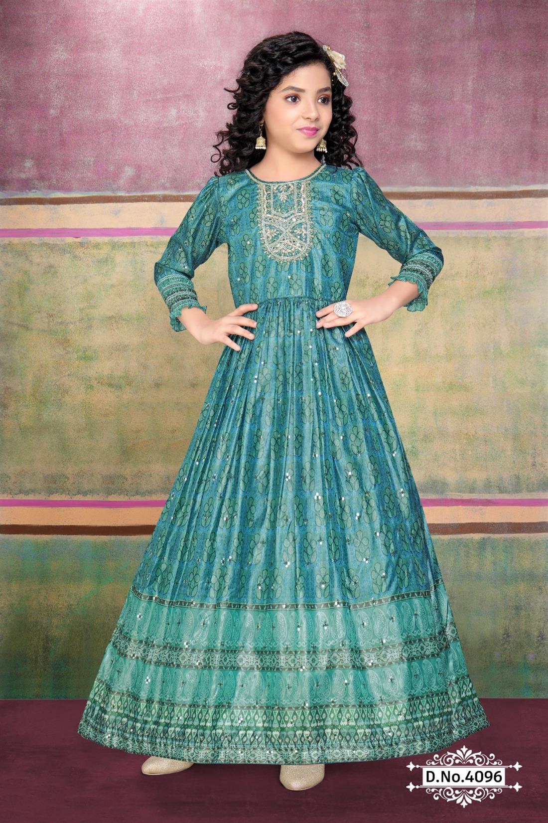 Teal Girls Digital Printed Silk Suit