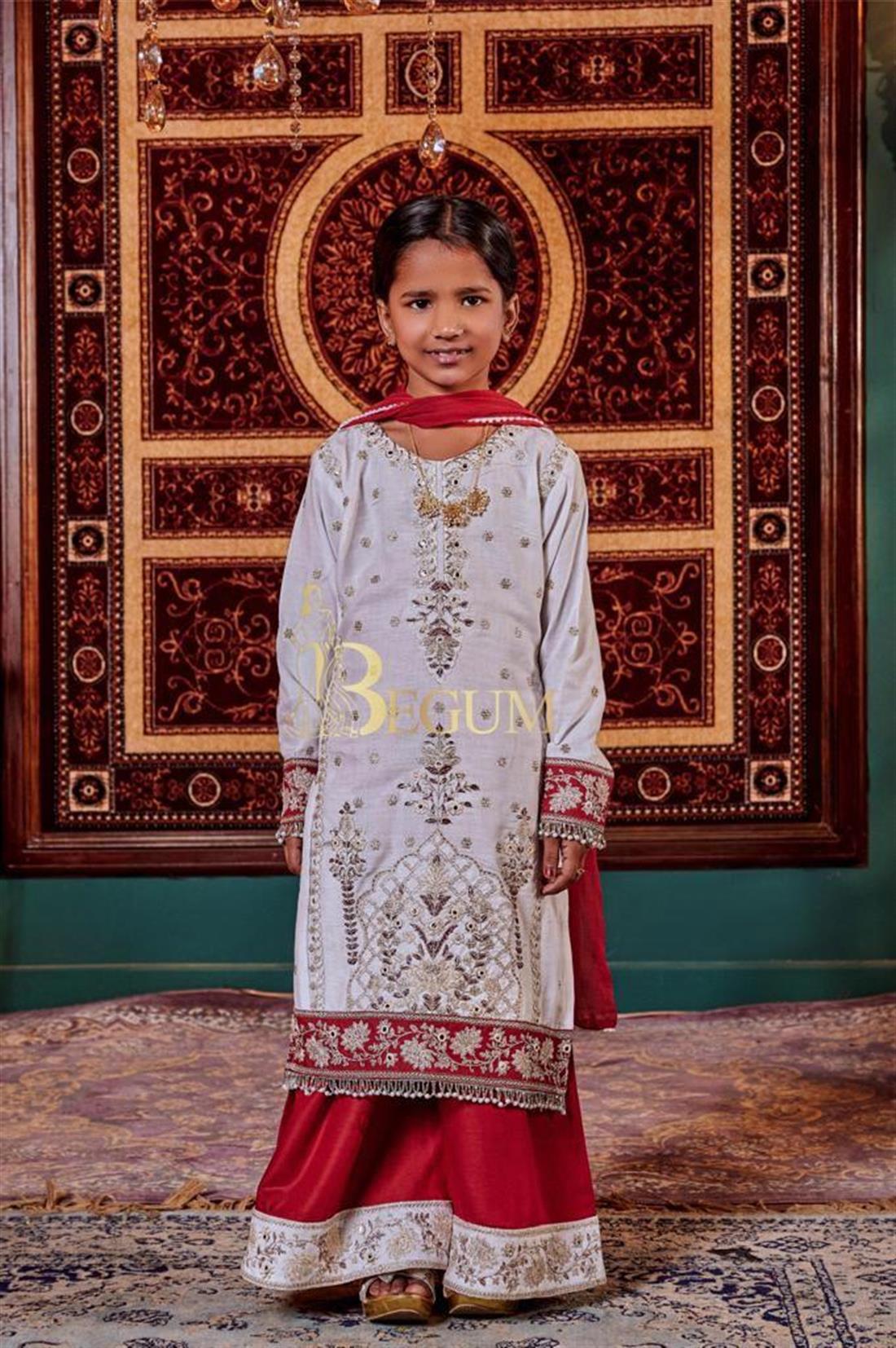 White & Maroon Chiffon Kids Suit