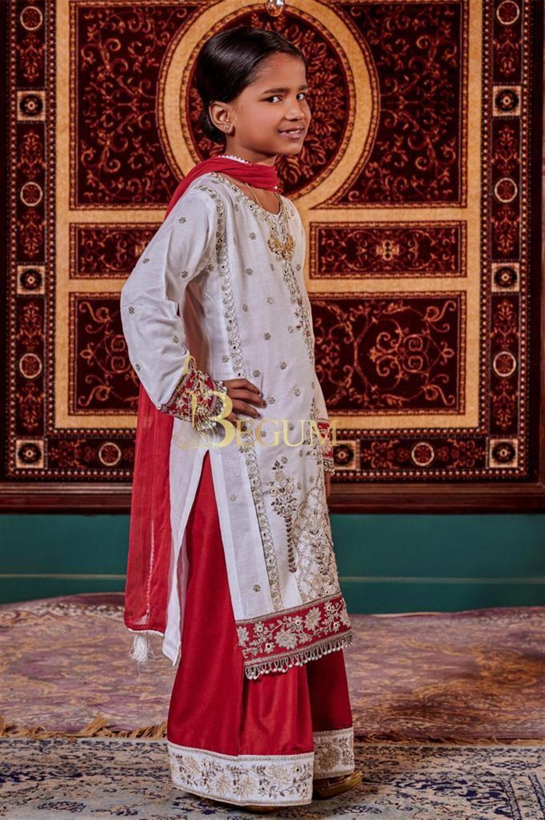 White & Maroon Chiffon Kids Suit