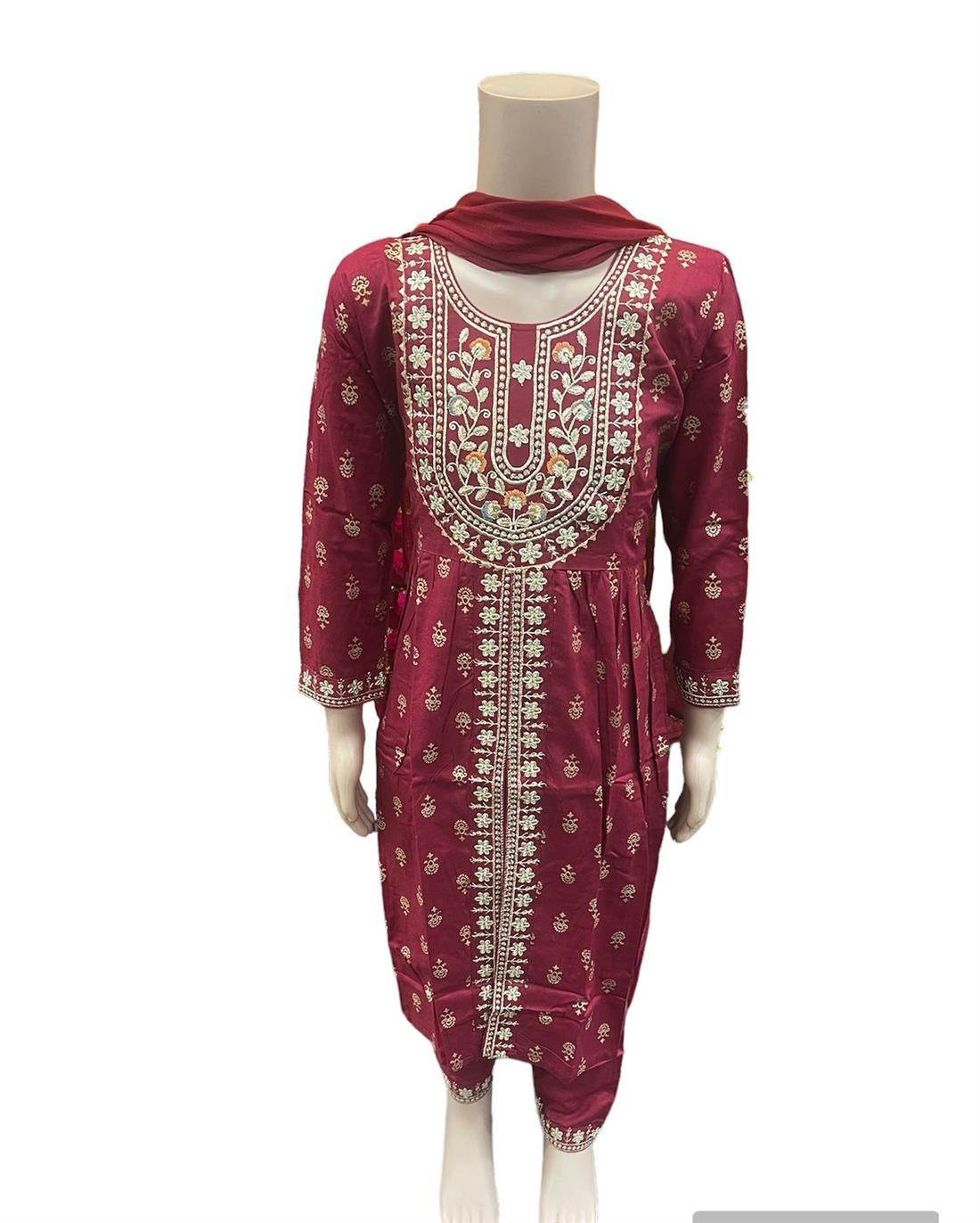 Maroon Cotton Maxi Mother And Daughter Kurti Suit