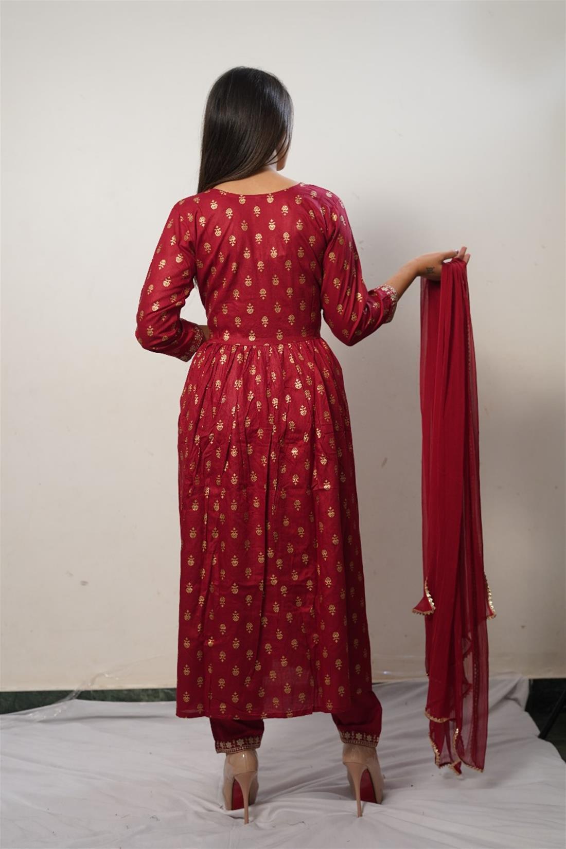 Maroon Cotton Maxi Mother And Daughter Kurti Suit