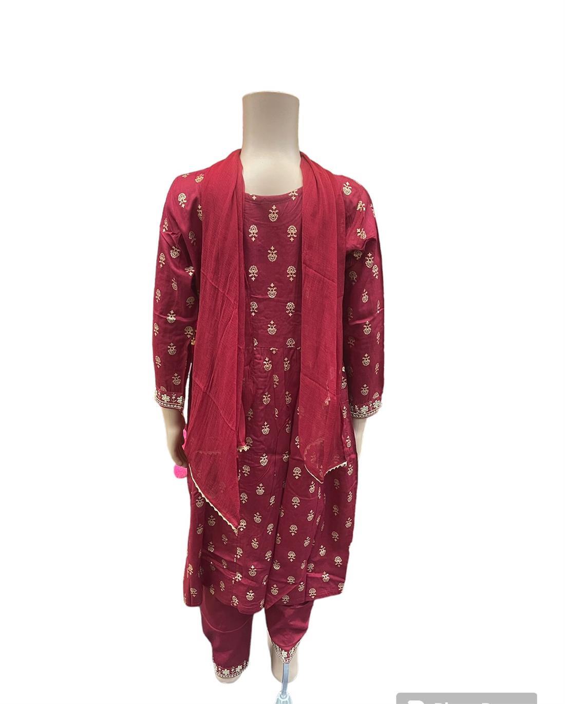 Maroon Cotton Maxi Mother And Daughter Kurti Suit
