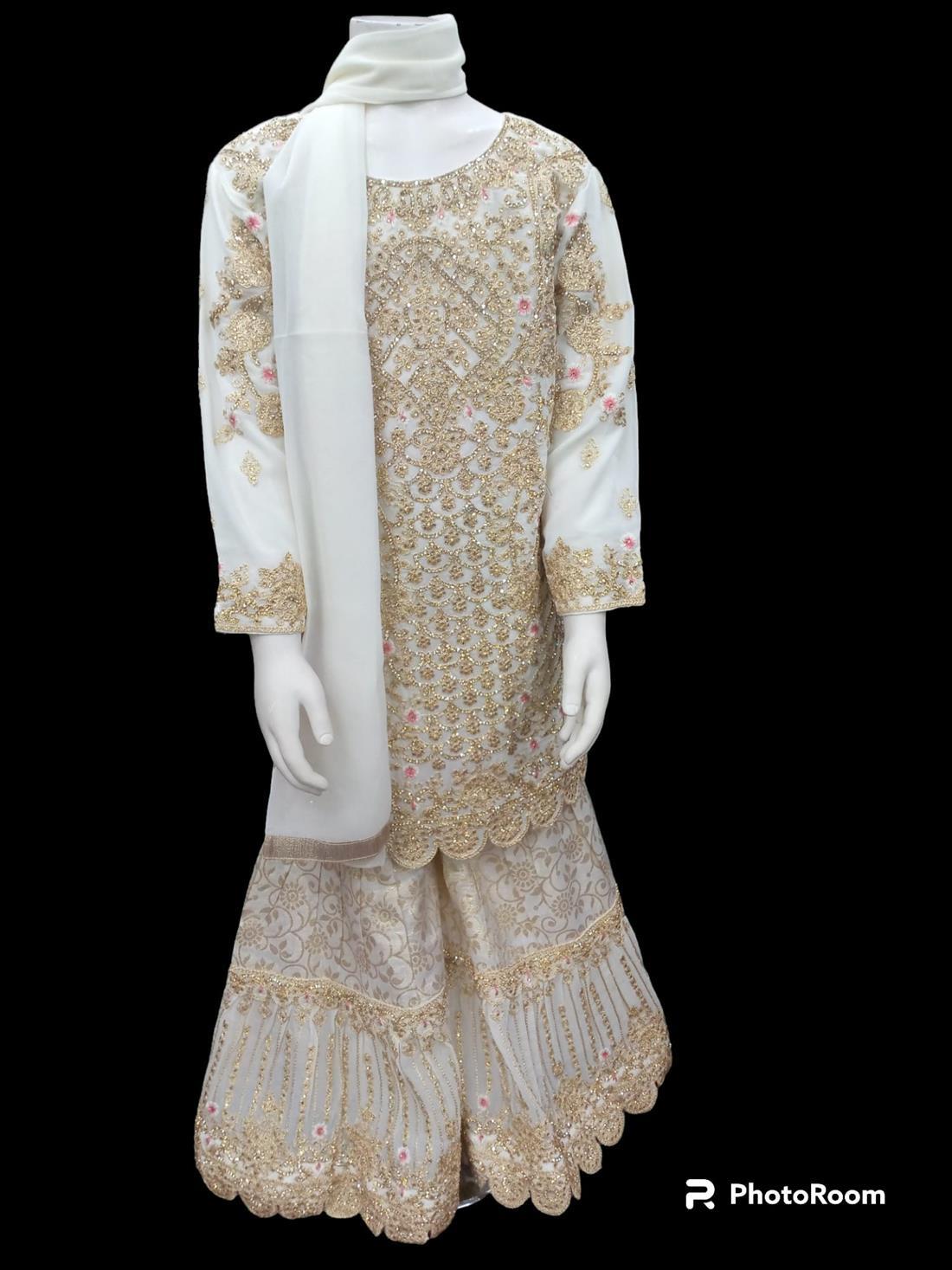 White & Gold 3 Piece Handwork Chiffon Dresses