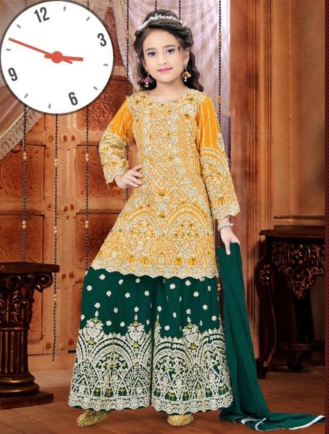 Yellow & Green 3 Piece Kids Heavy Embroidery Suit