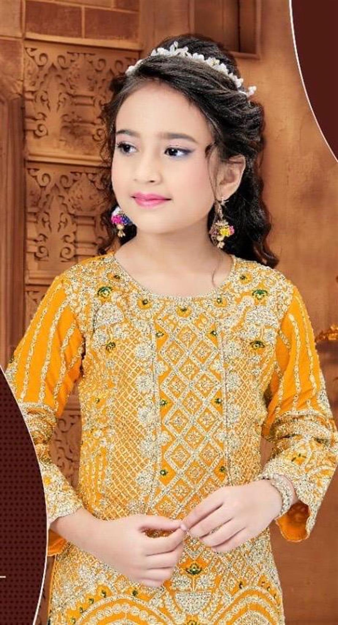 Yellow & Green 3 Piece Kids Heavy Embroidery Suit