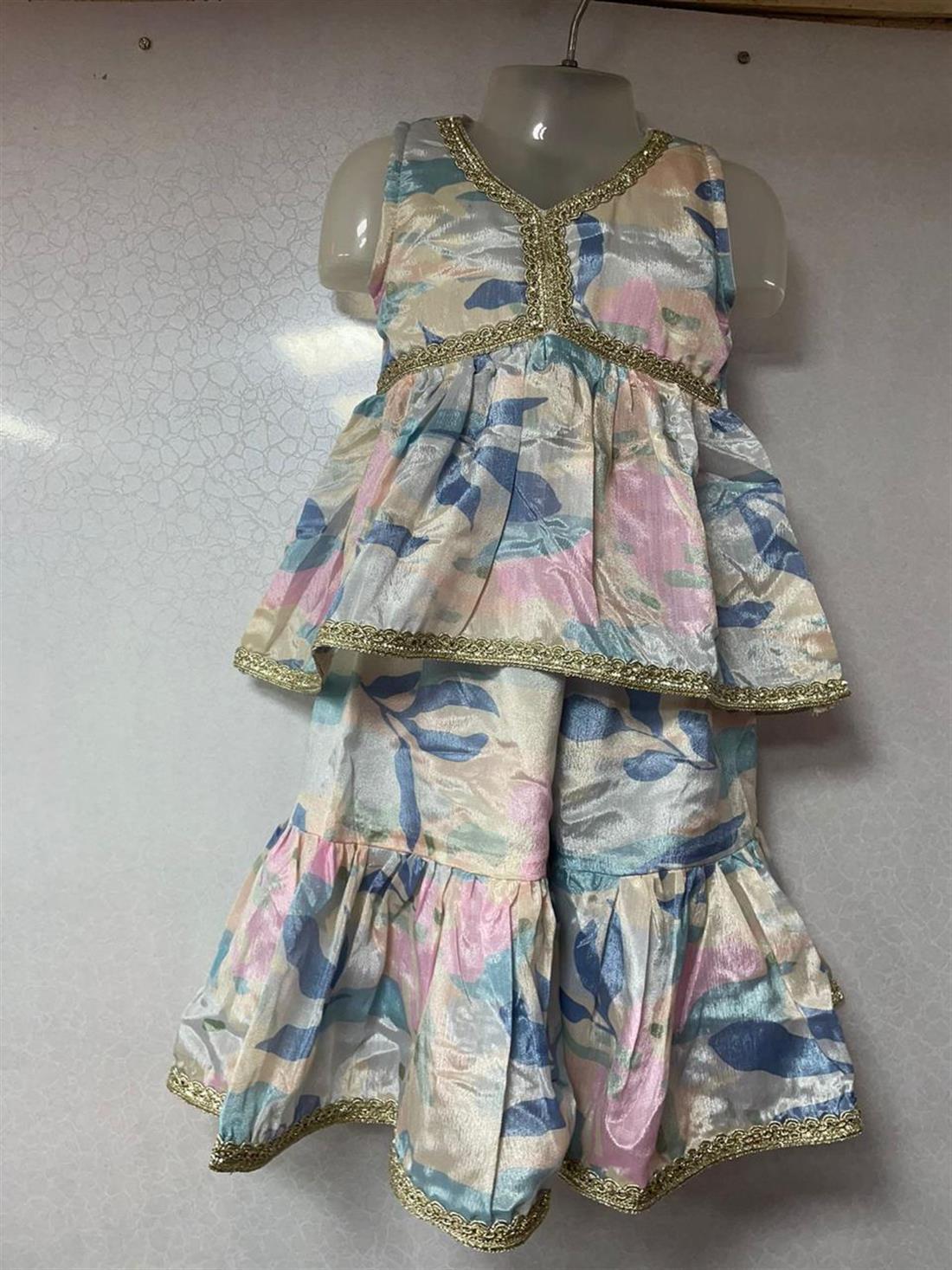 Multicolour 3 Piece Kids Dress with Gharara and Net Duppatta.