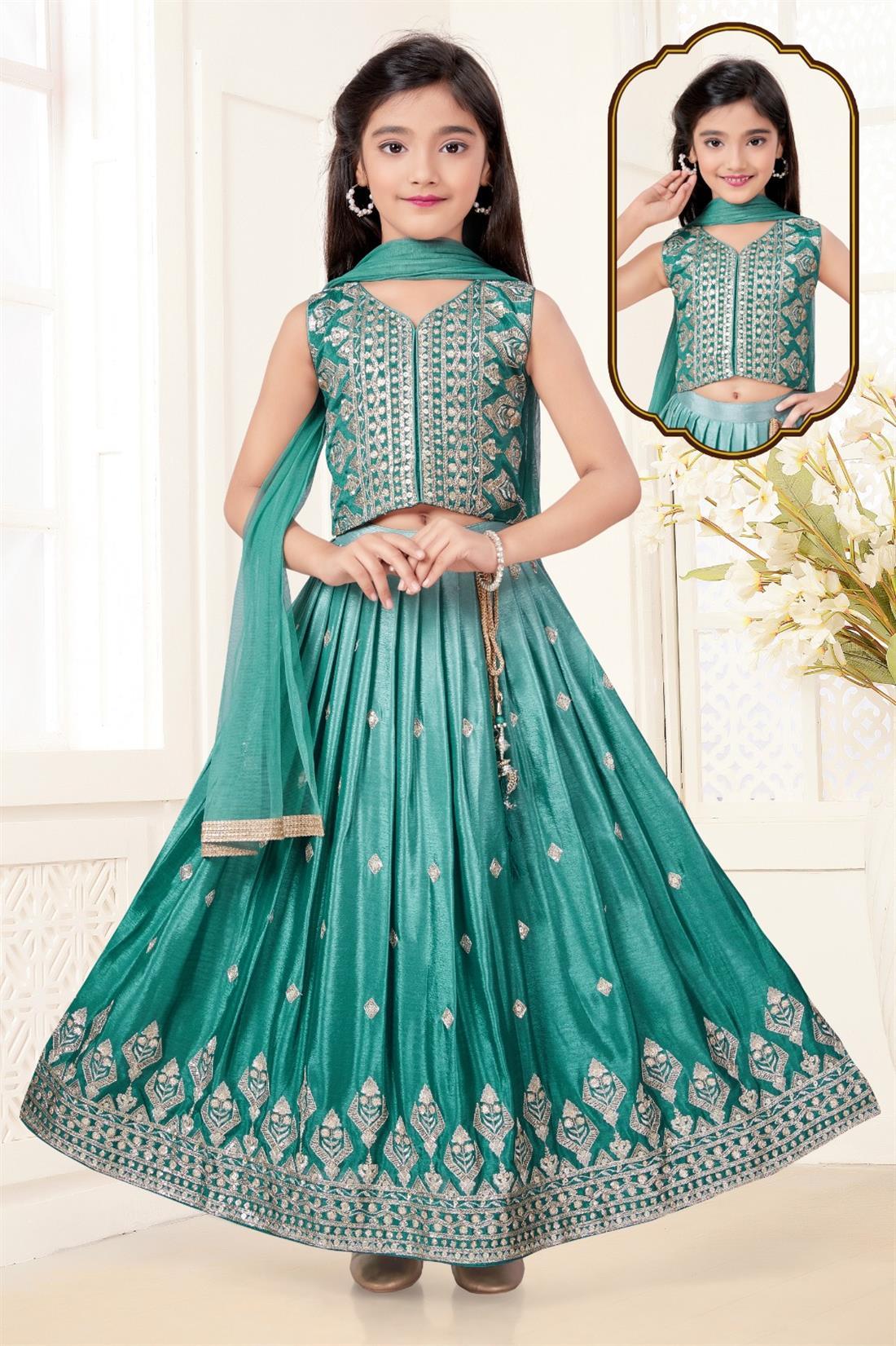 Green 3 Piece Kids Blouse with Skirt and Net Duppatta