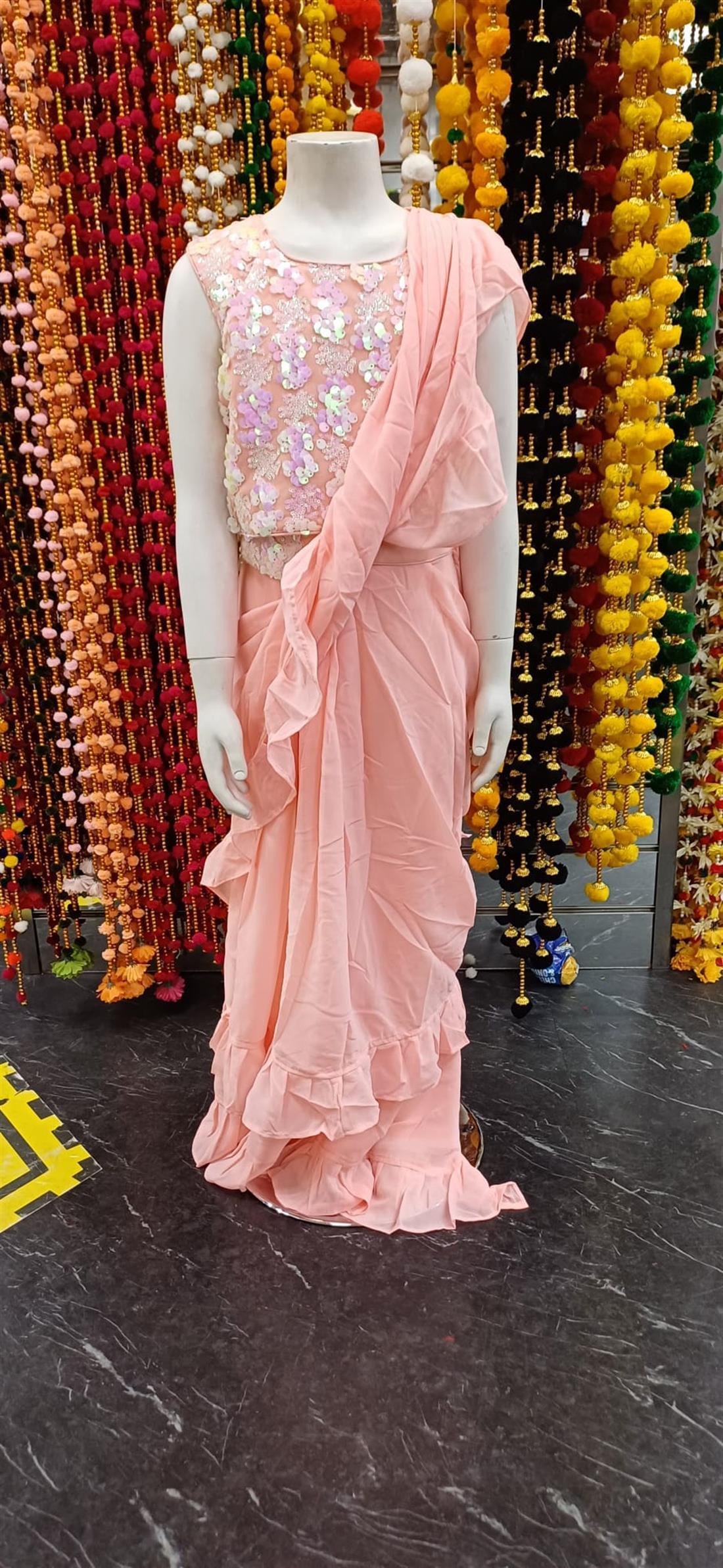 Pink Girls Lengha Saree Ideal for Weddings and Parties.