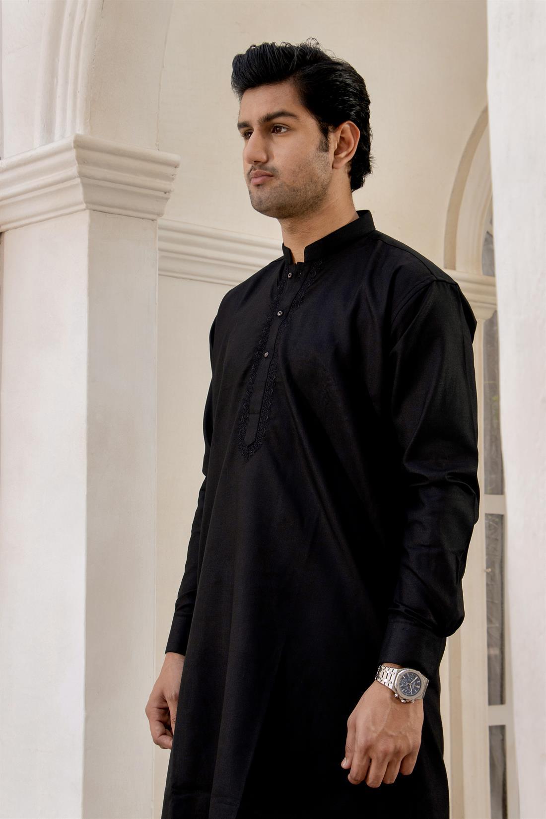 Black Mens Kurta Shalwar with Simple Self to Embroidery