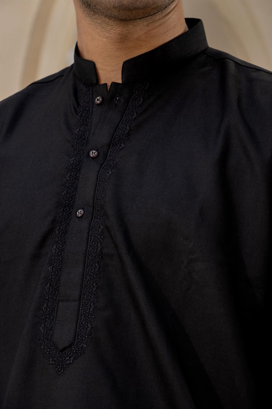 Black Mens Kurta Shalwar with Simple Self to Embroidery