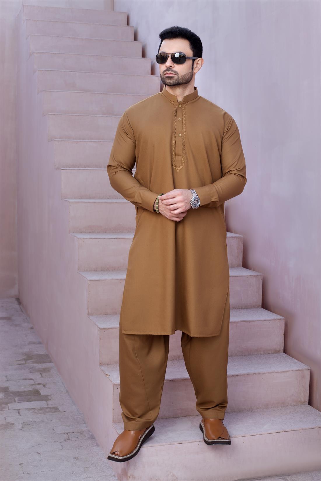 Brown Mens Kurta Shalwar with Simple Self to Embroidery