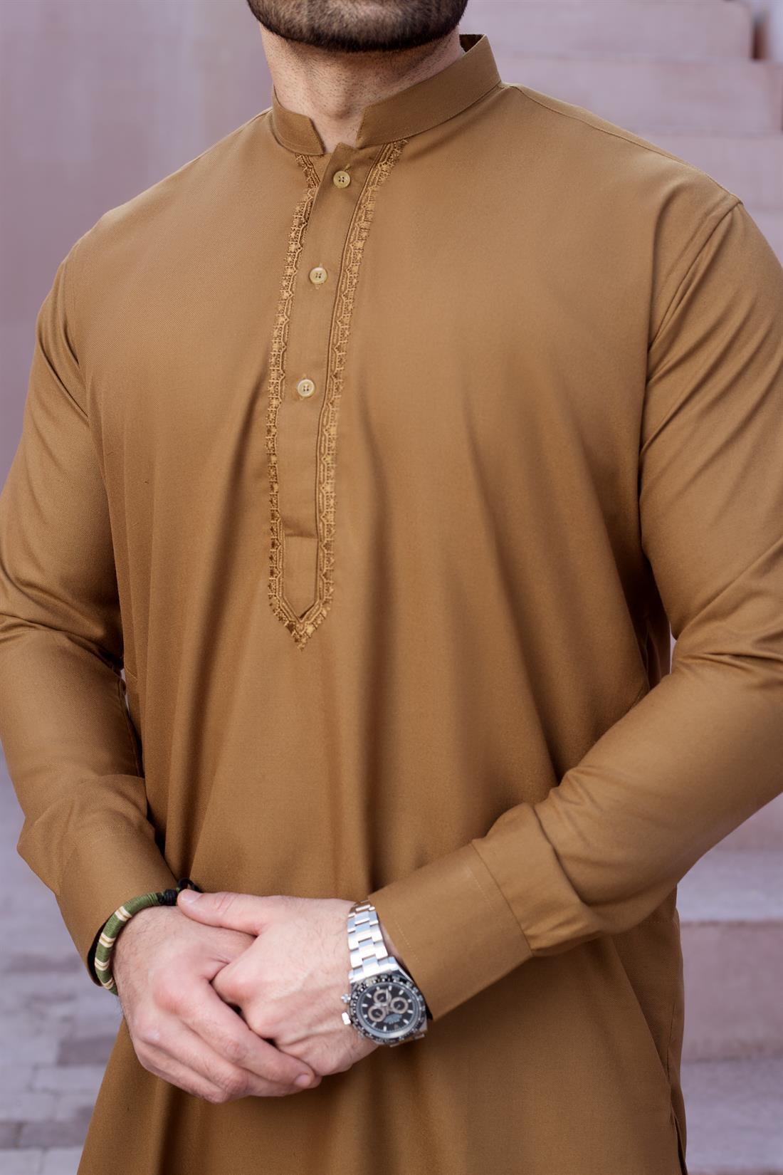 Brown Mens Kurta Shalwar with Simple Self to Embroidery