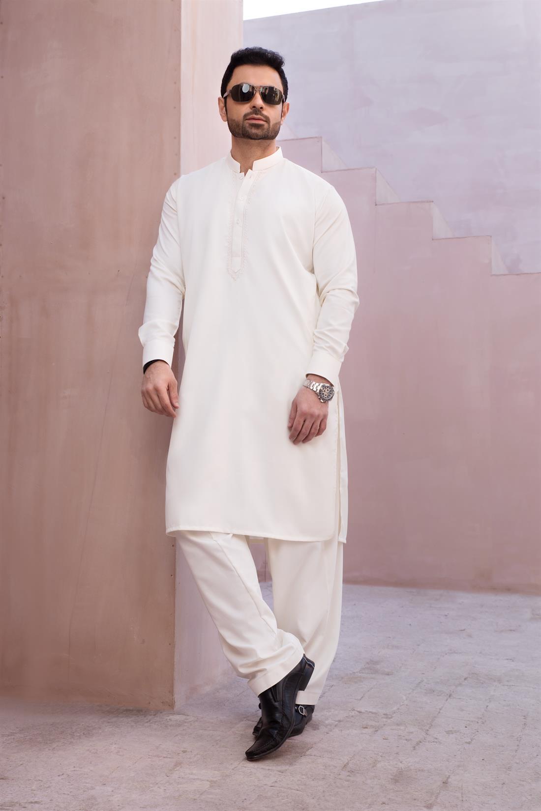 Cream Mens Kurta Shalwar with Simple Self to Embroidery