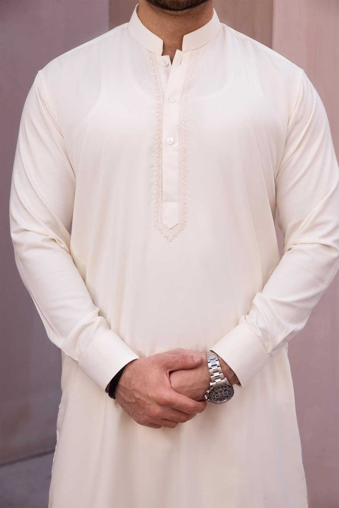 Cream Mens Kurta Shalwar with Simple Self to Embroidery