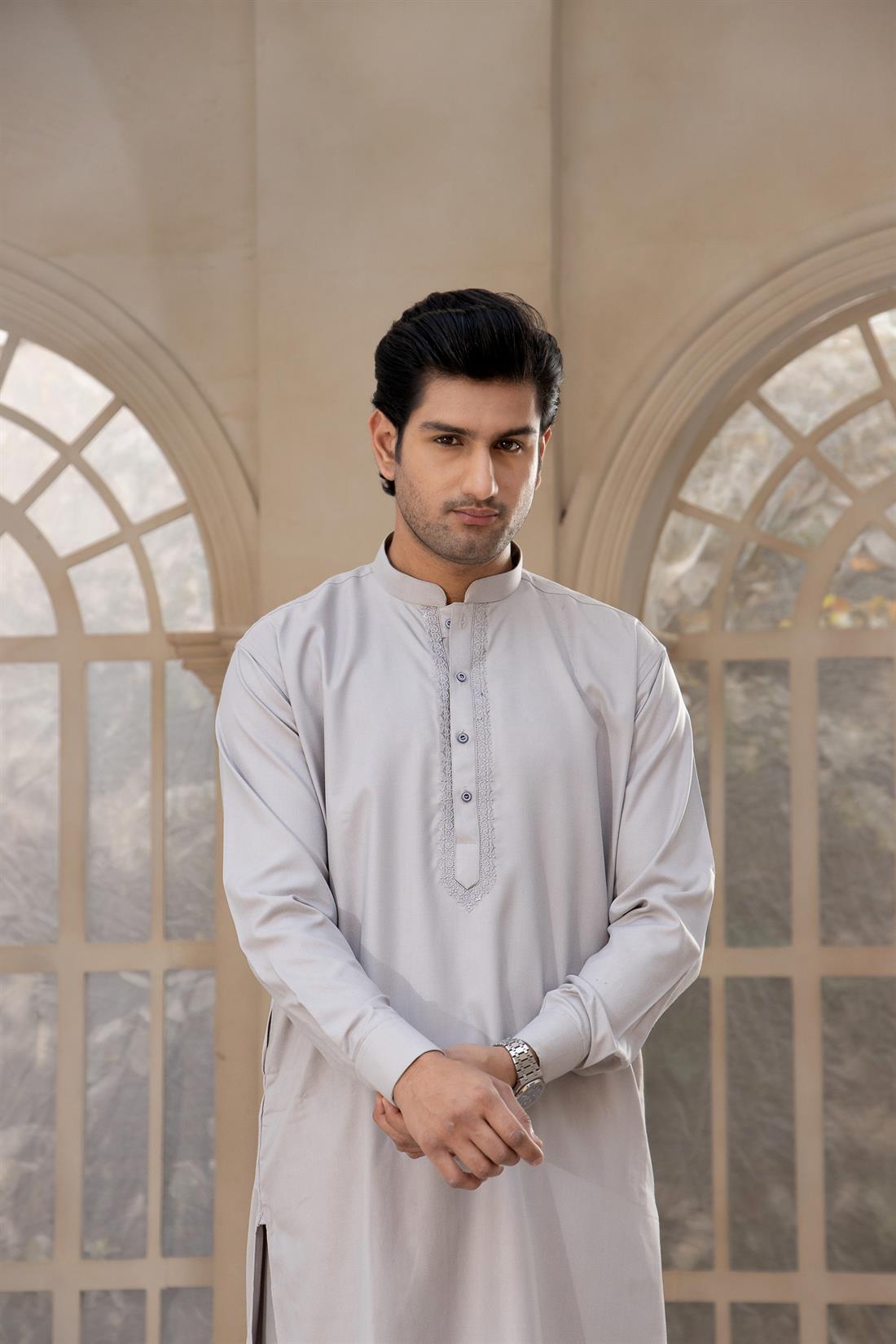 Grey Mens Kurta Shalwar with Simple Self to Embroidery