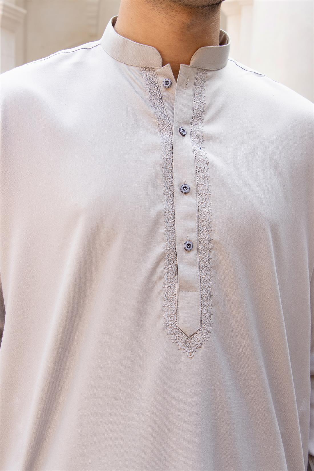Grey Mens Kurta Shalwar with Simple Self to Embroidery