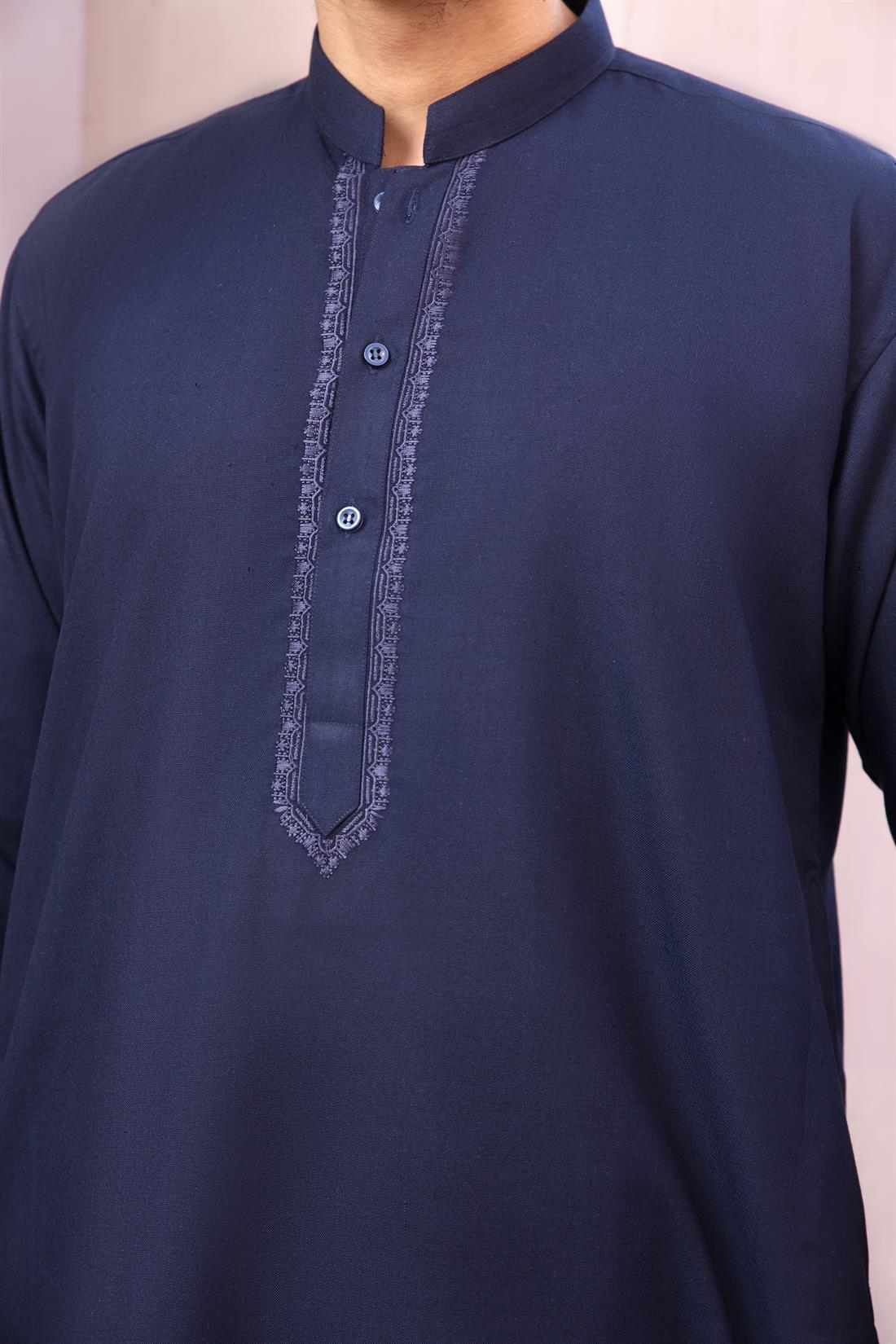 Navy Mens Kurta Shalwar with Simple Self to Embroidery