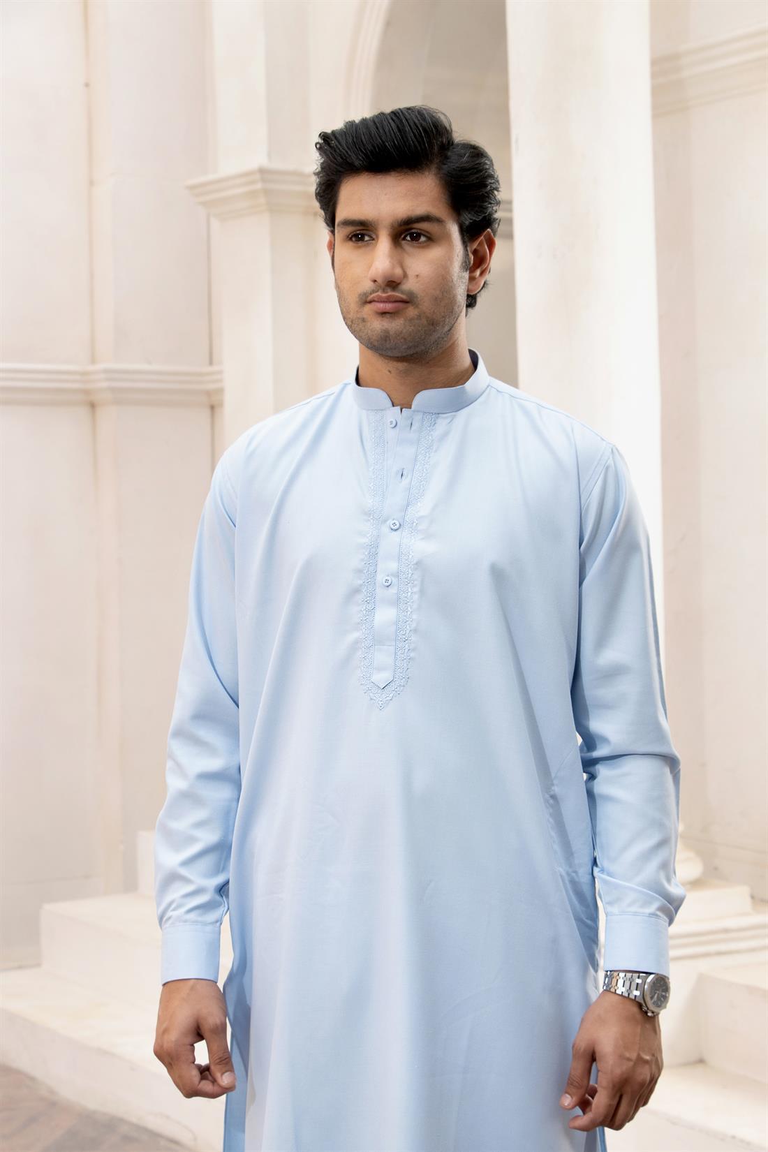 Sky Blue Mens Kurta Shalwar with Simple Self to Embroidery