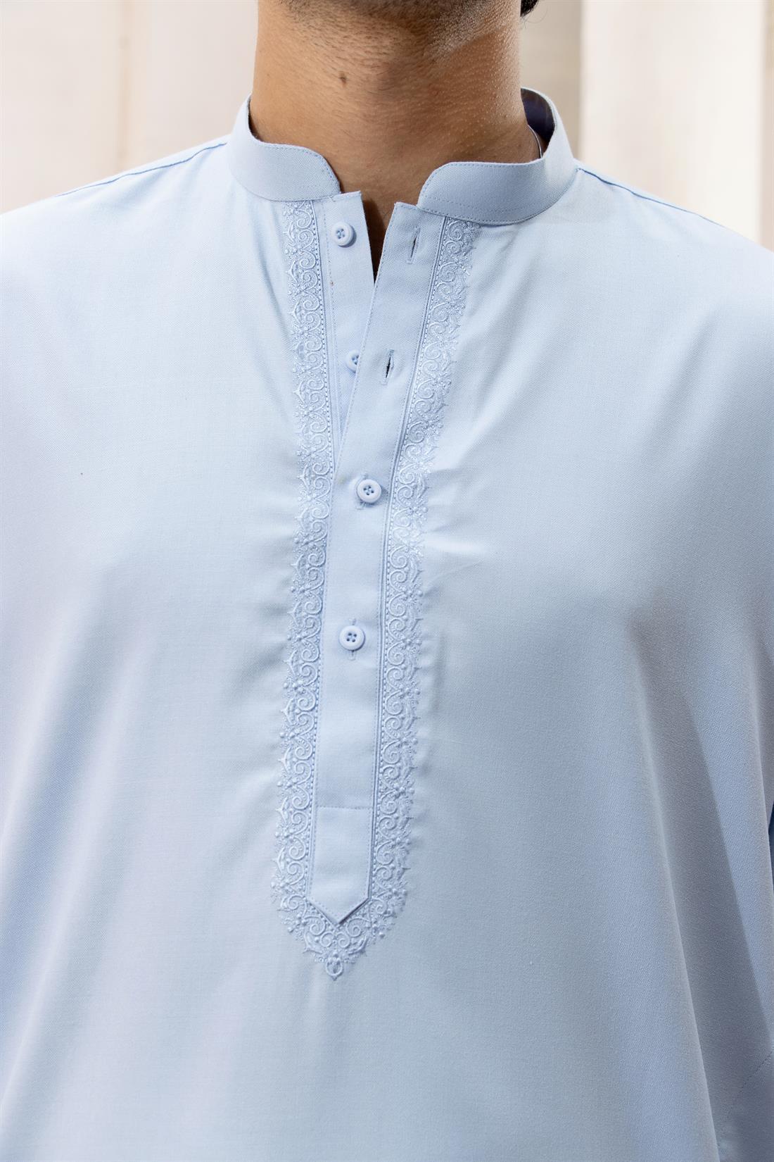 Sky Blue Mens Kurta Shalwar with Simple Self to Embroidery