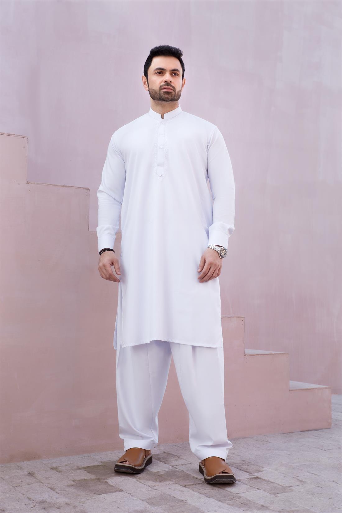 White Mens Kurta Shalwar with Simple Self to Embroidery