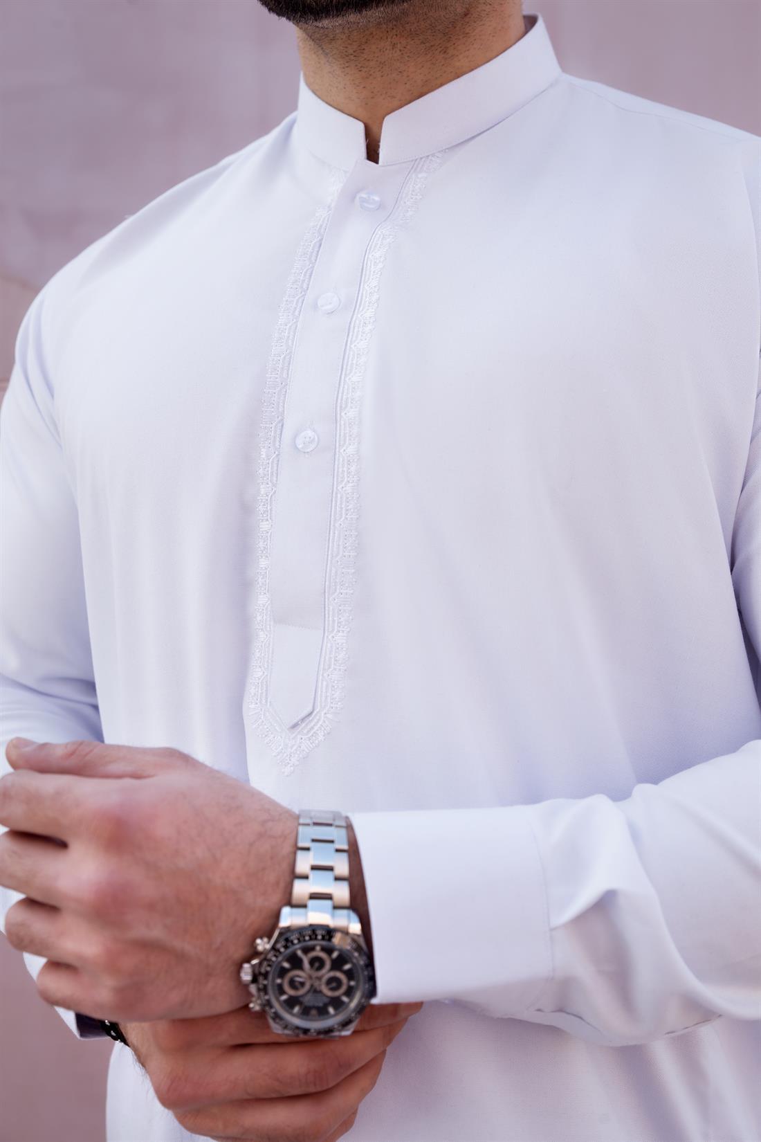 White Mens Kurta Shalwar with Simple Self to Embroidery