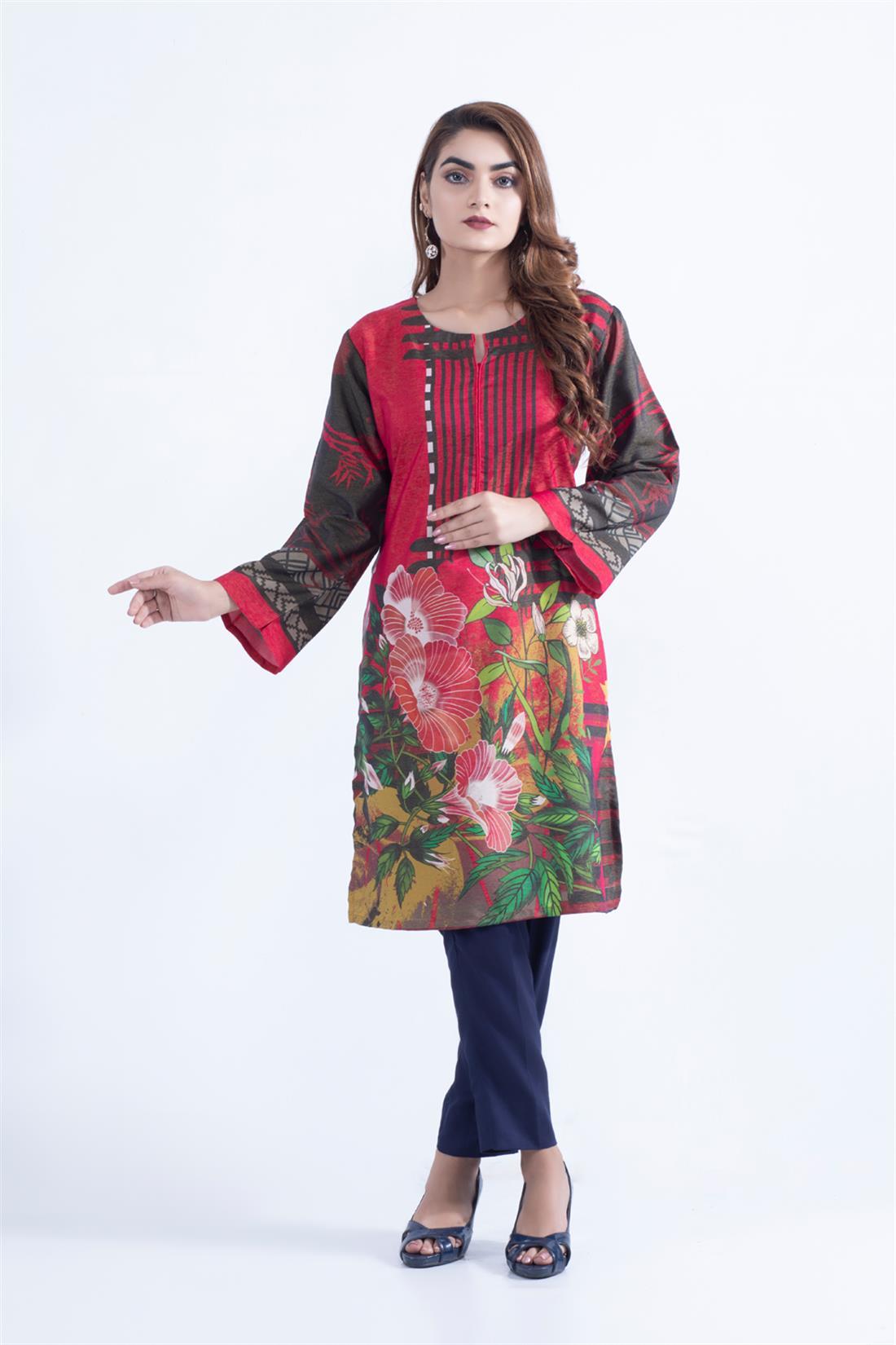 Red Viscose Digital Printed Kurta.